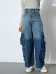 Girls Blue Wash Denim Paper Bag Waist Cargo Jeans | NOZ2TOZ - Made In INDIA.