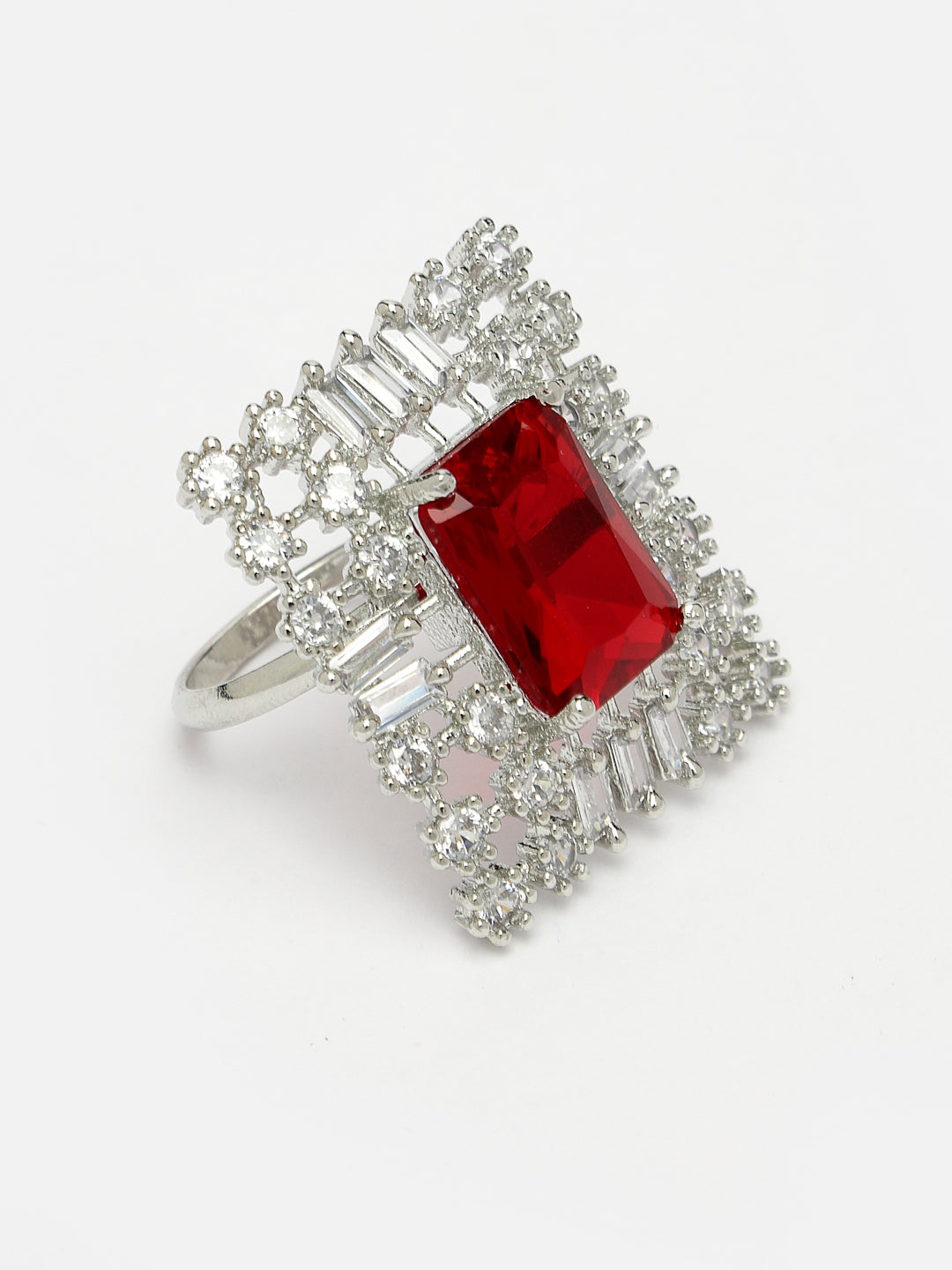 Women Red & Silver CZ-Studded  Square-Shaped Adjustable Finger Ring