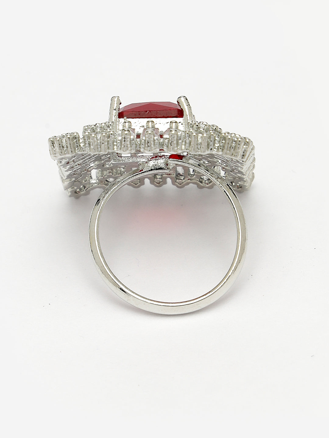 Women Red & Silver CZ-Studded  Square-Shaped Adjustable Finger Ring
