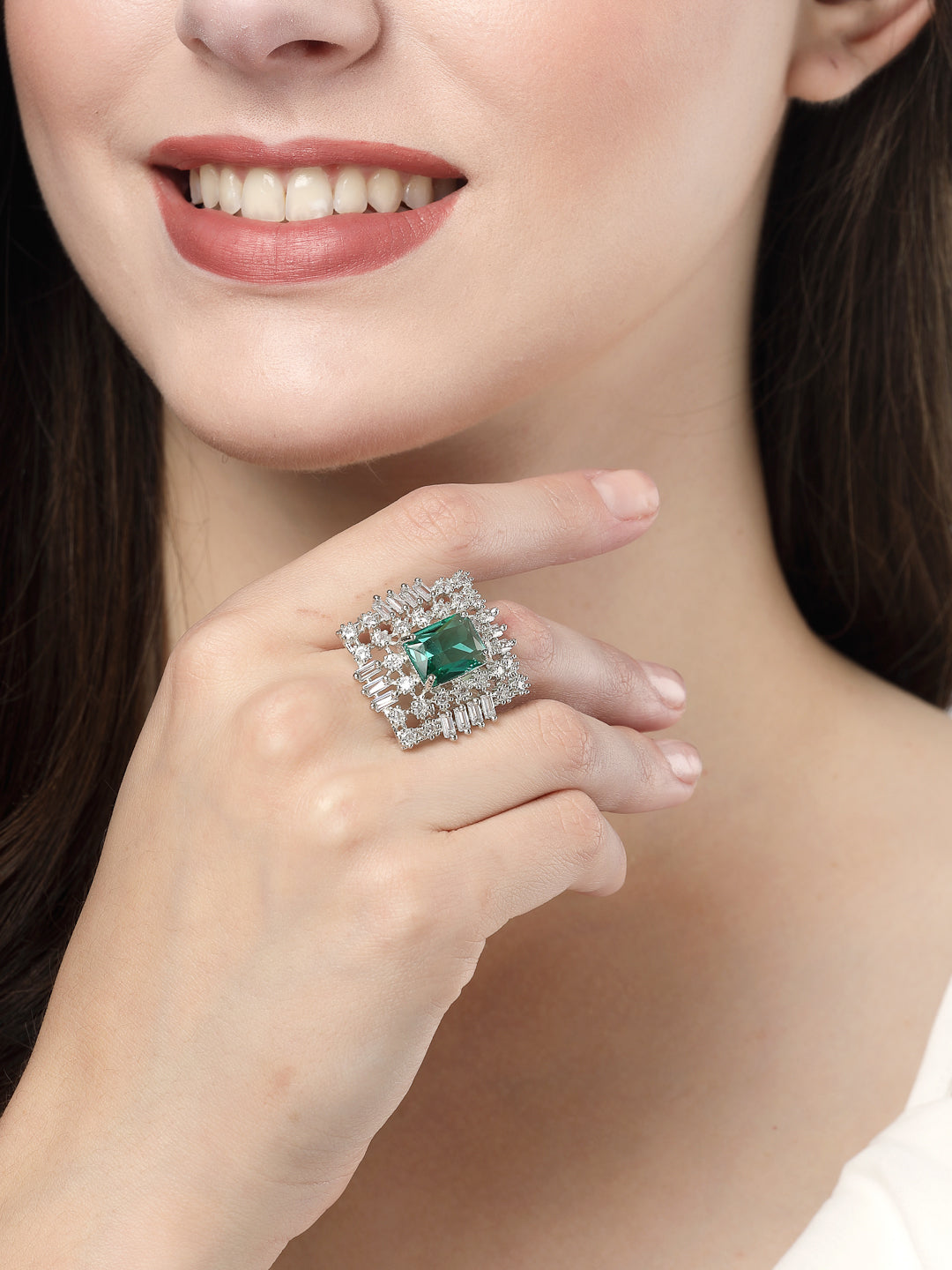 Women Green & Silver CZ-Studded  Square-Shaped Adjustable Finger Ring