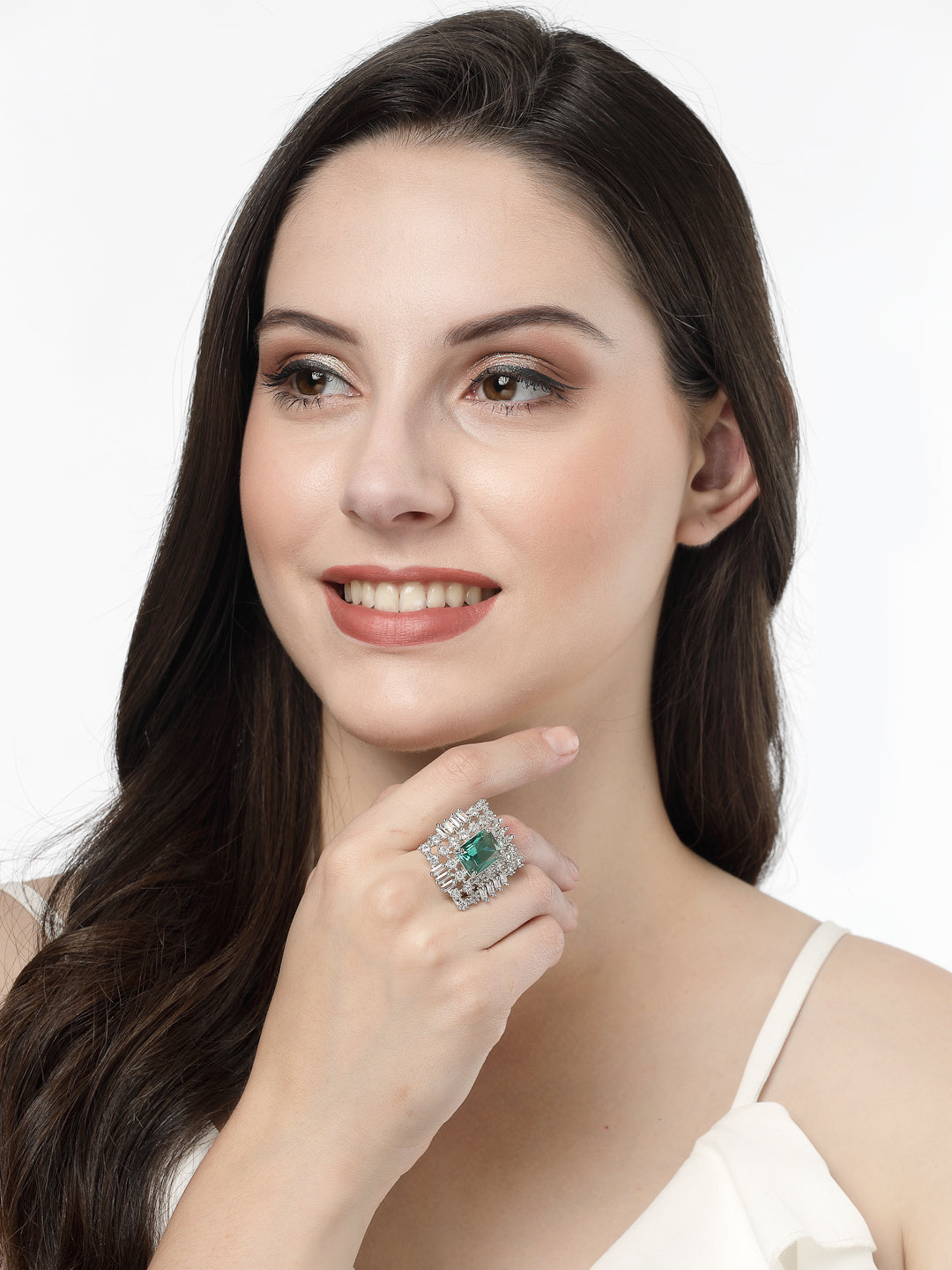 Women Green & Silver CZ-Studded  Square-Shaped Adjustable Finger Ring