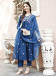 Women Blue Muslin Kurta Set With Dupatta Embroidered Work