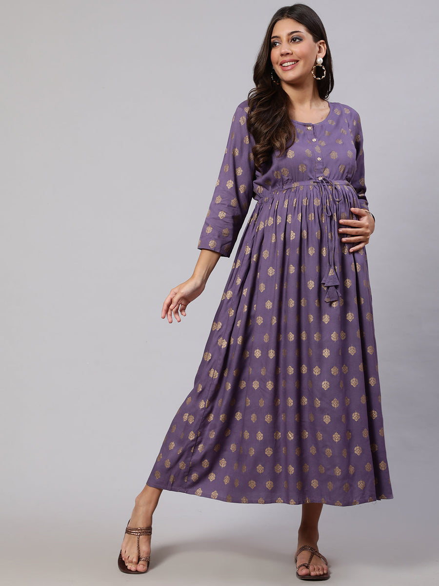 Buy Women Purple Printed Flared Maternity Dress Online @ NOZ2TOZ Buy Women Purple Printed Flared Maternity Dress Online @ NOZ2TOZ