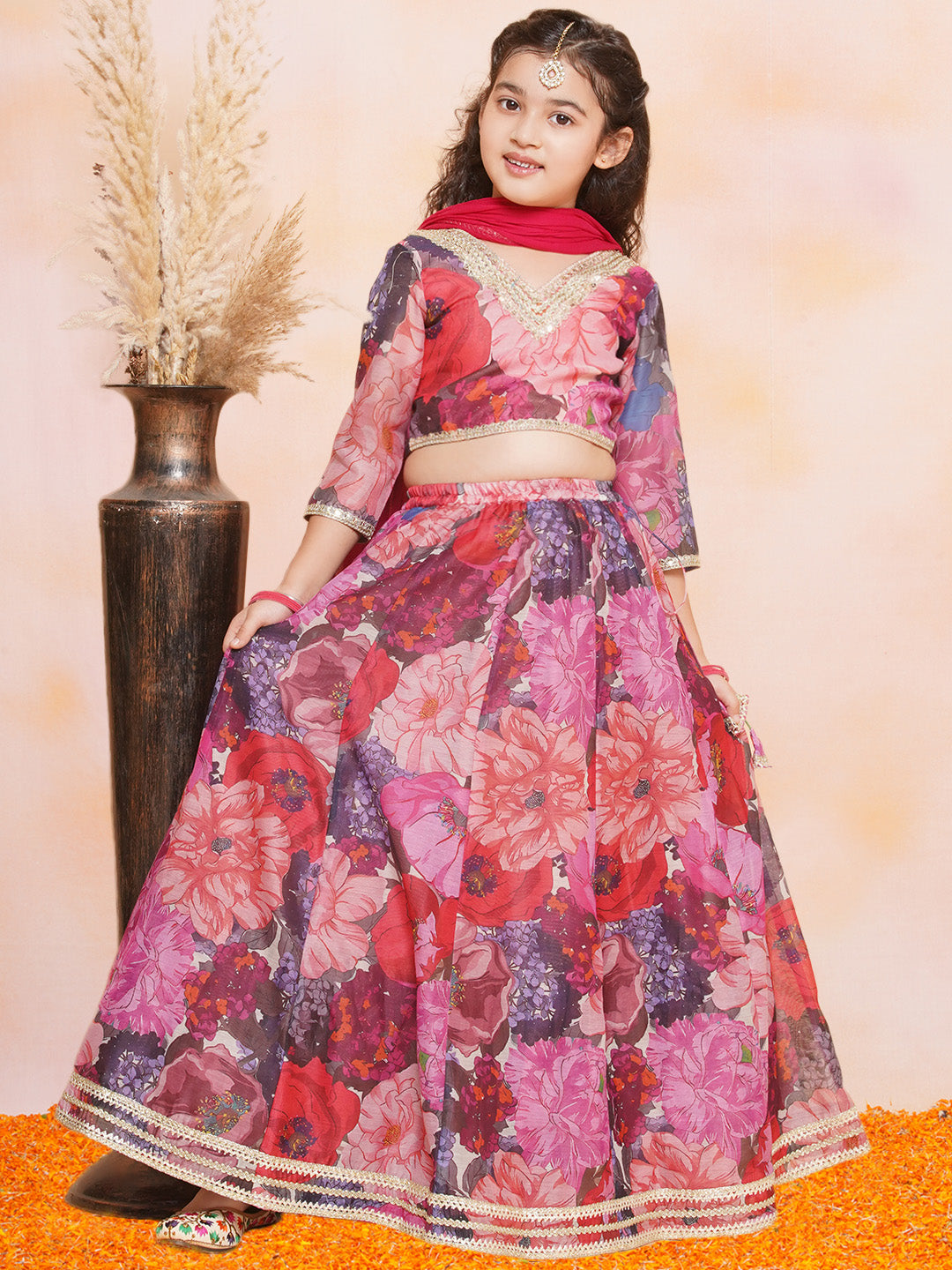 Girls Purple & Pink Digital Flower Print Lace work Choli Lehenga with Dupatta