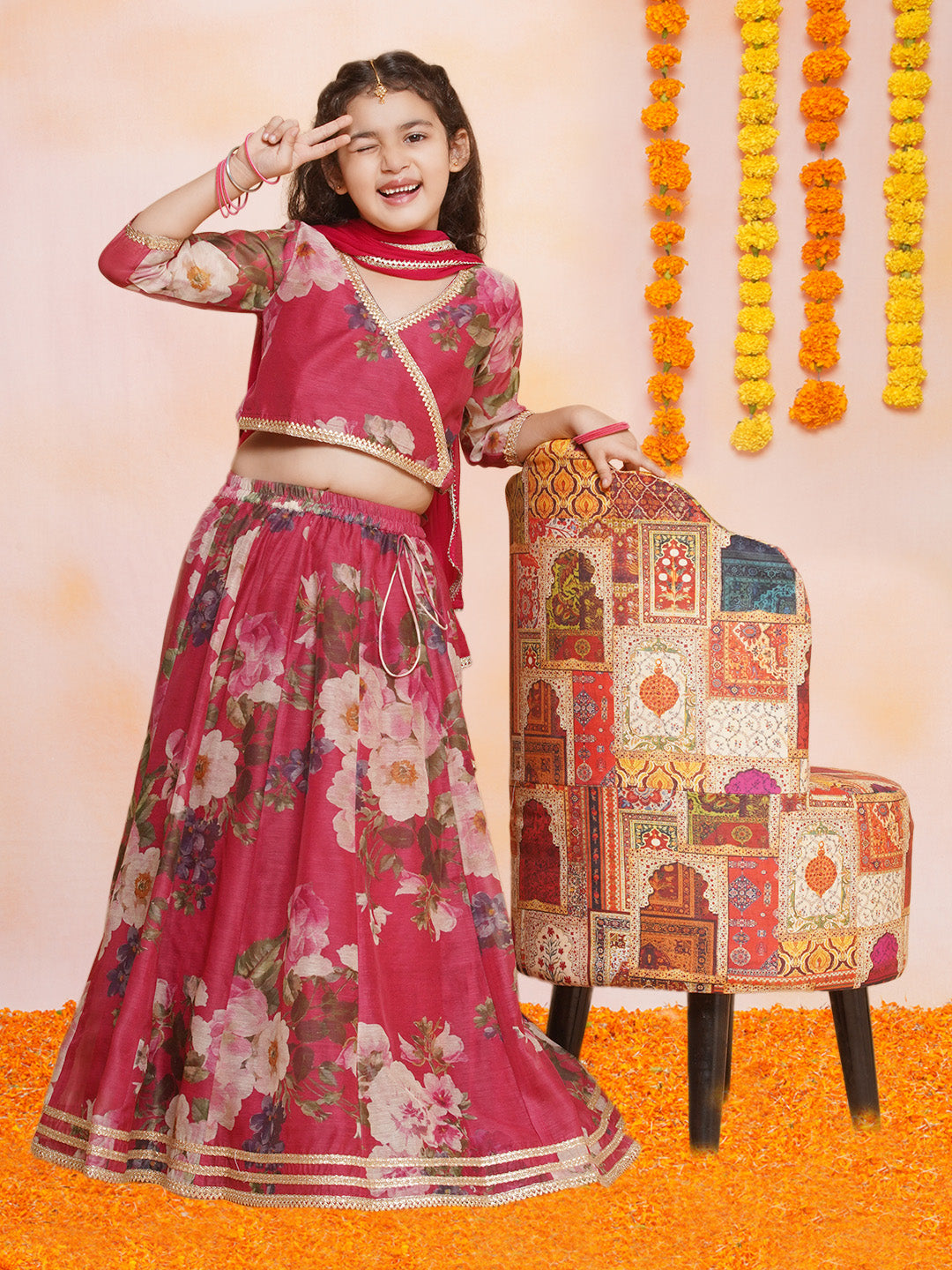 Girls Maroon Floral Printed Ready to Wear Lehenga & Blouse With Dupatta