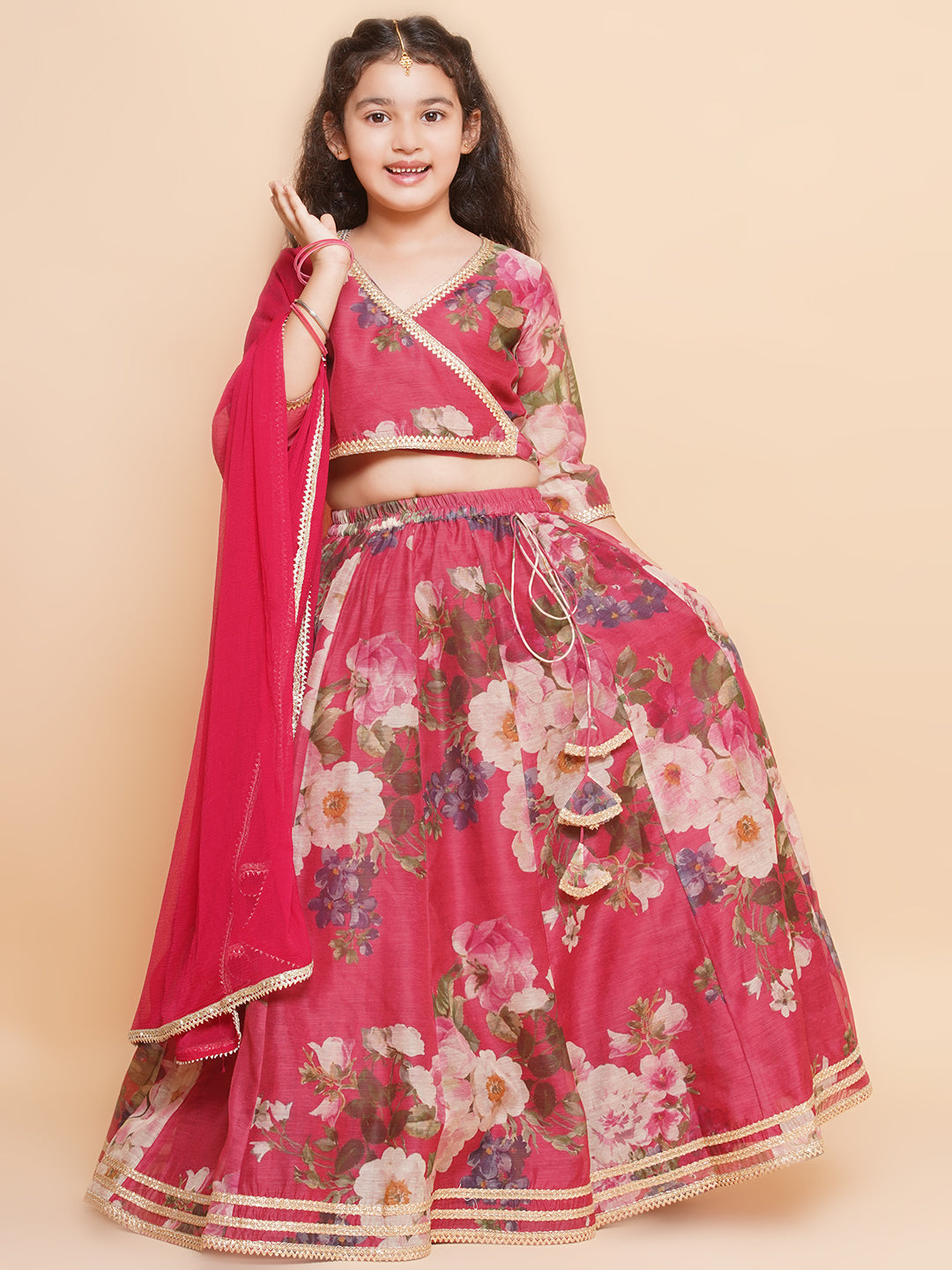Girls Maroon Floral Printed Ready to Wear Lehenga & Blouse With Dupatta