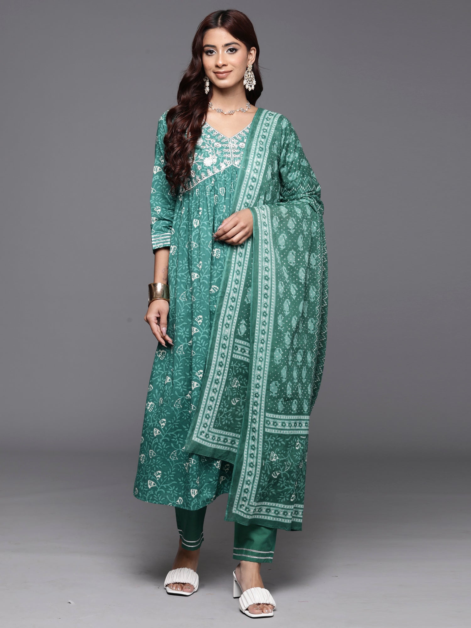 Women Green Embroidered A-Line Kurta Trousers With Dupatta Set