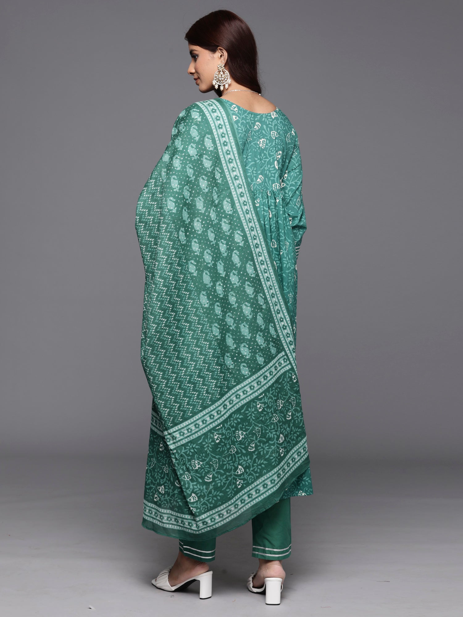 Women Green Embroidered A-Line Kurta Trousers With Dupatta Set