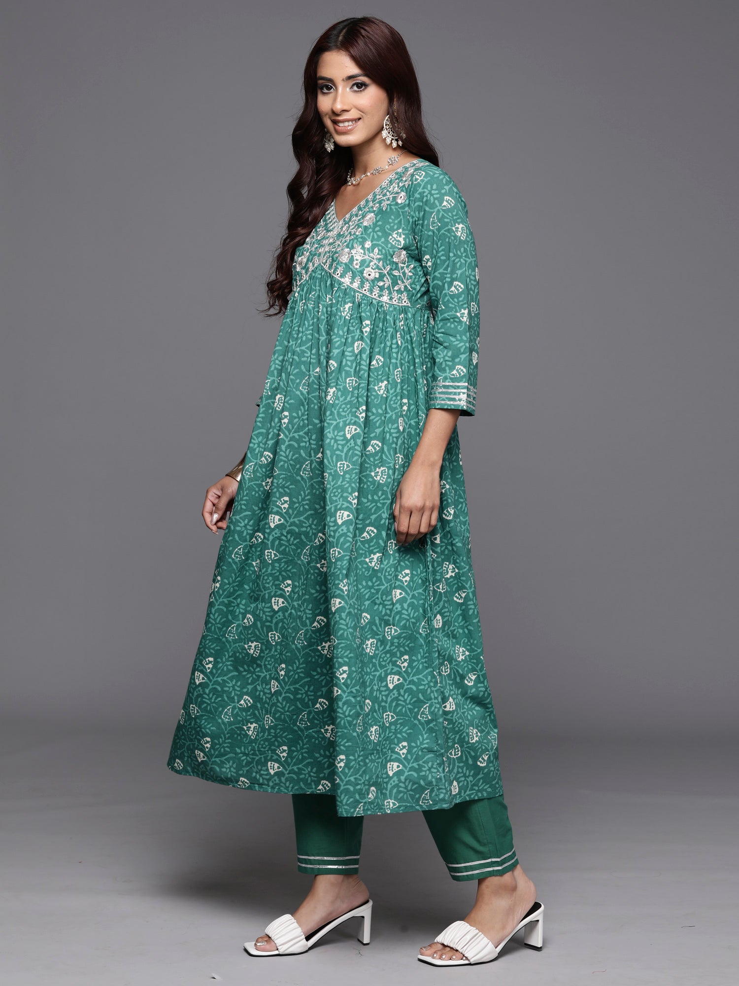 Women Green Embroidered A-Line Kurta Trousers With Dupatta Set