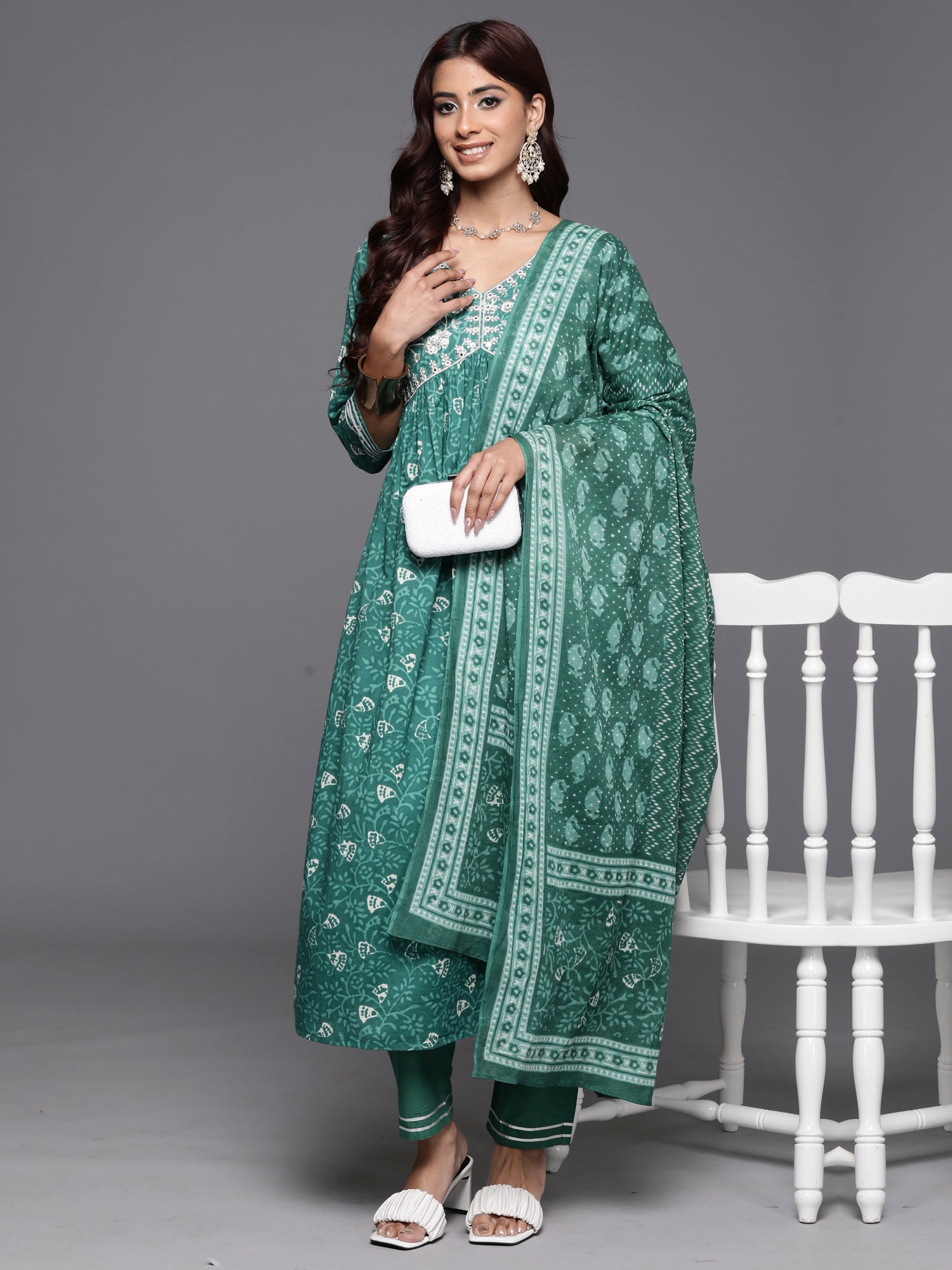 Women Green Embroidered A-Line Kurta Trousers With Dupatta Set