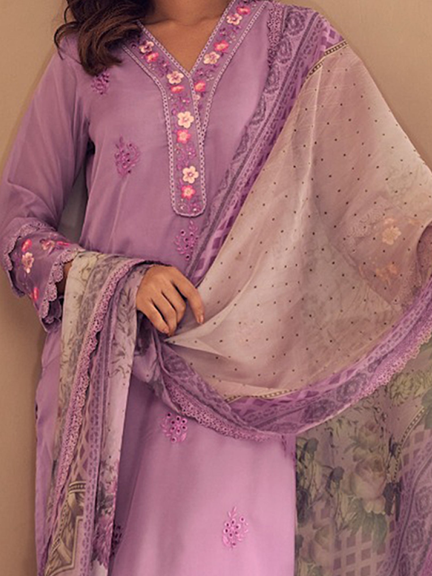 Women Lavender Embroidered Straight Kurta Trousers With Dupatta set