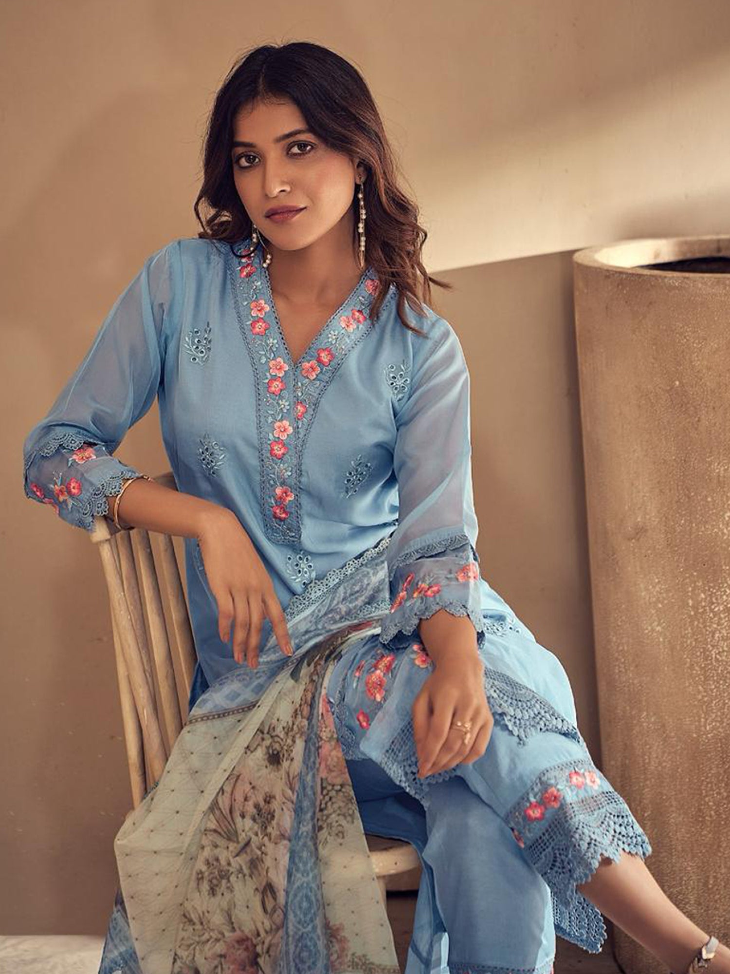 Women Blue Embroidered Straight Kurta Trousers With Dupatta set