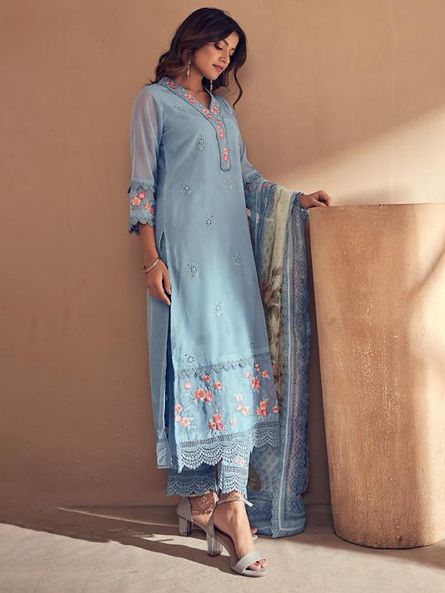 Women Blue Embroidered Straight Kurta Trousers With Dupatta set