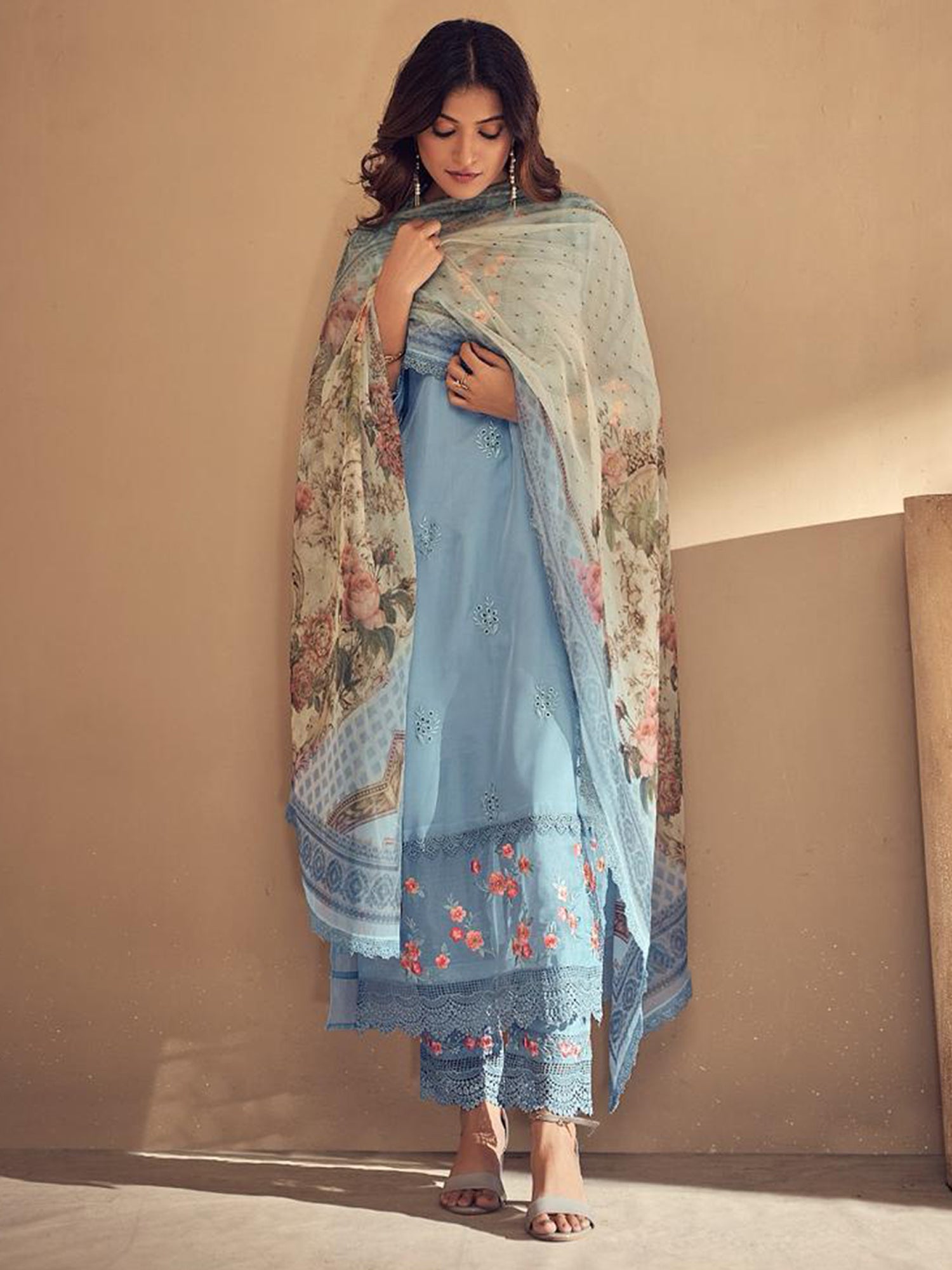 Women Blue Embroidered Straight Kurta Trousers With Dupatta set