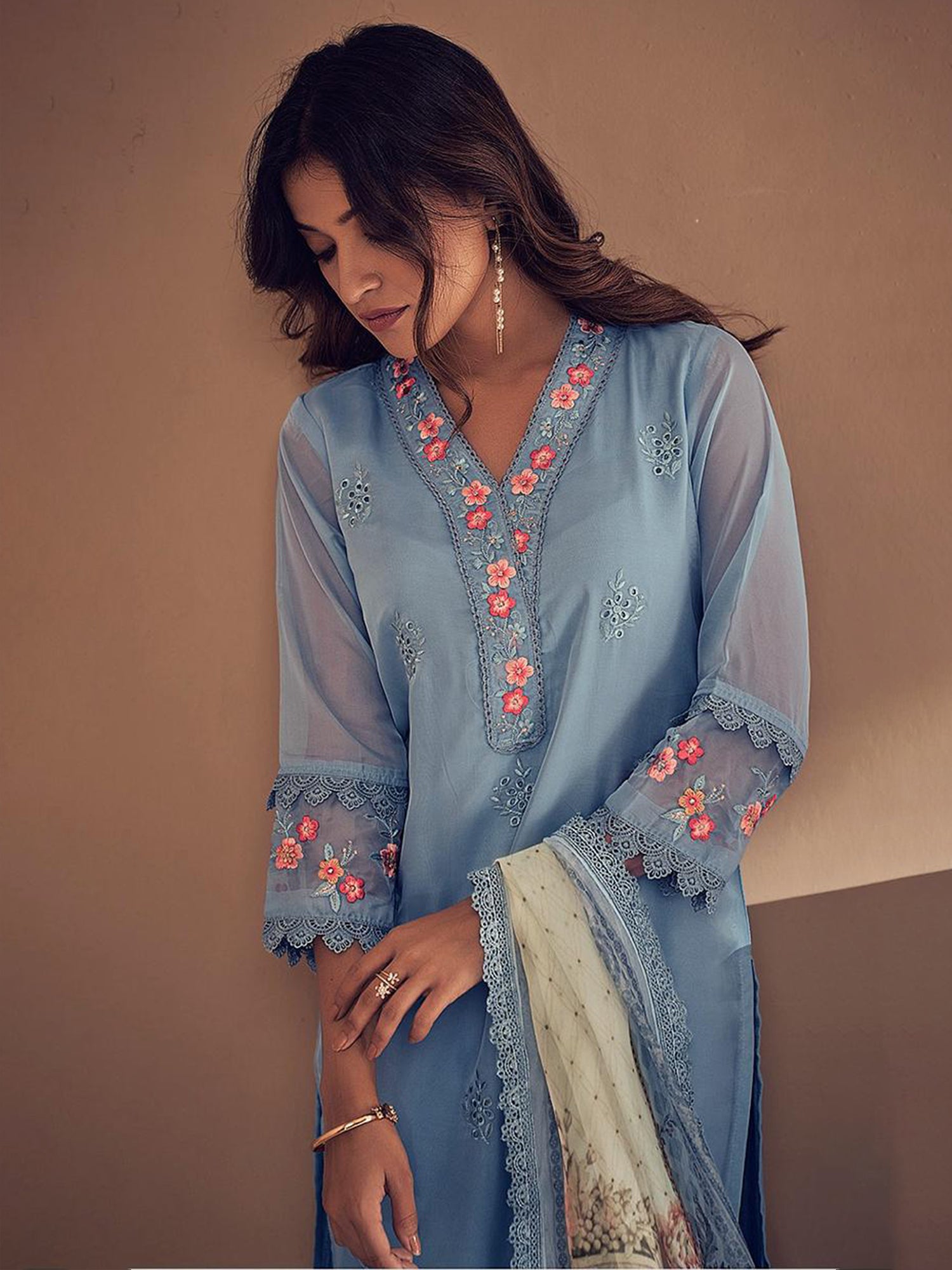 Women Blue Embroidered Straight Kurta Trousers With Dupatta set