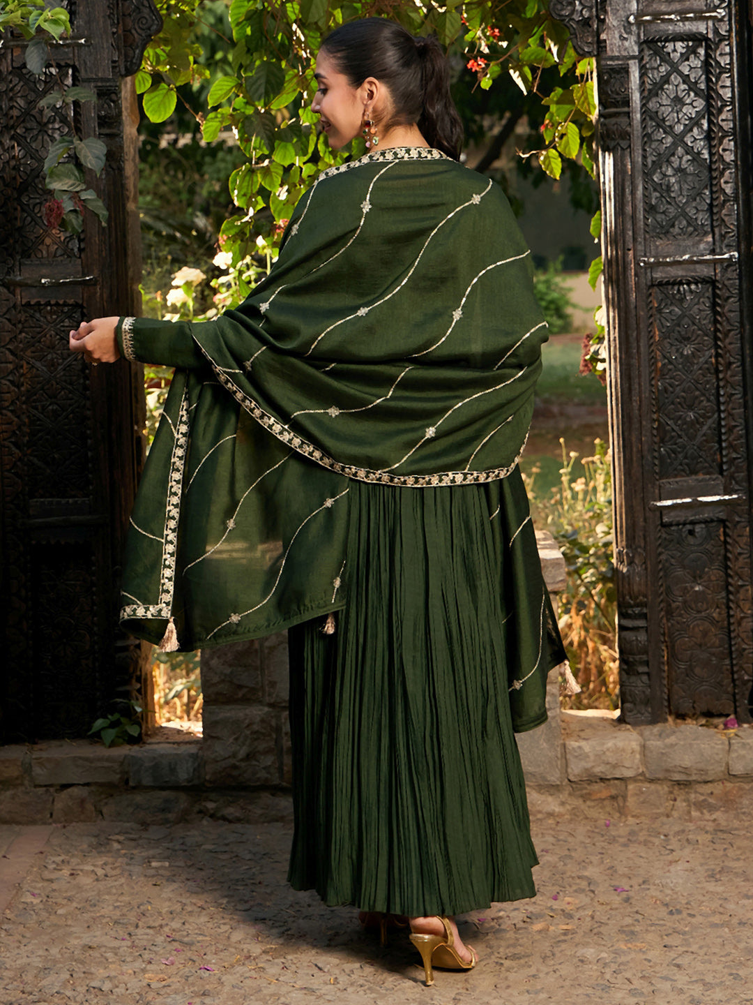 Women Green Embroidered A-Line Kurta Trousers With Dupatta set