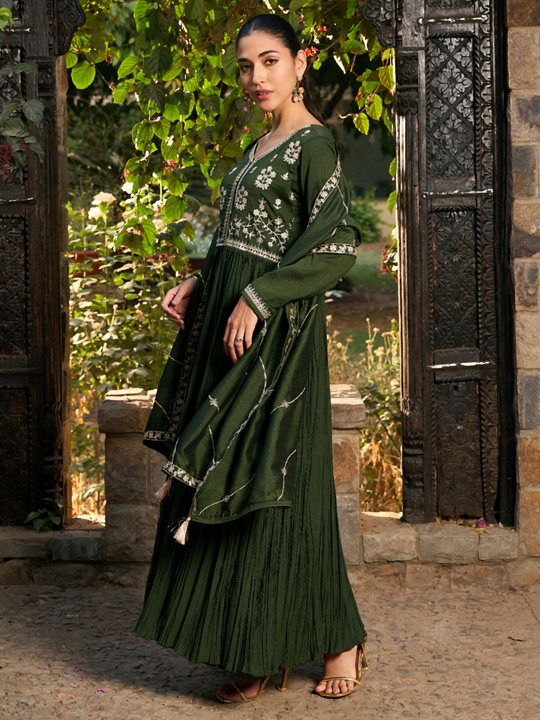 Women Green Embroidered A-Line Kurta Trousers With Dupatta set