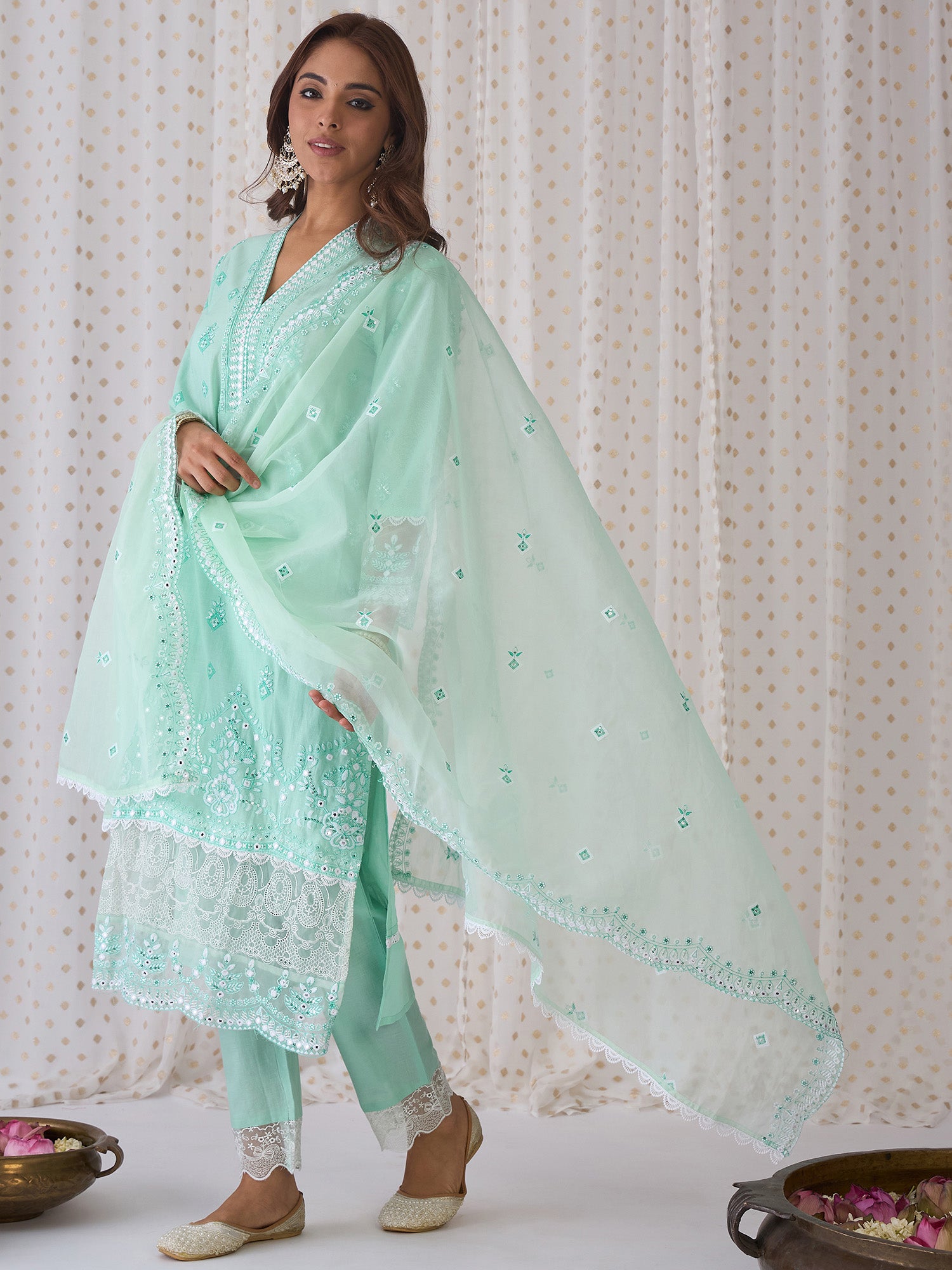 Women Green Embroidered Straight Kurta Trousers With Dupatta set