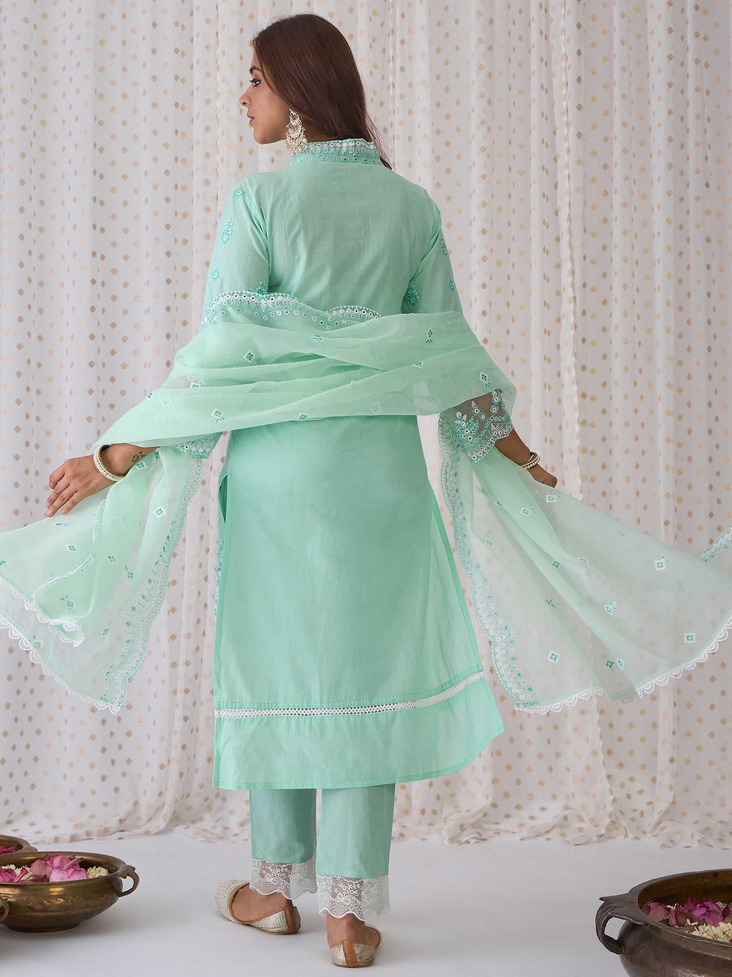 Women Green Embroidered Straight Kurta Trousers With Dupatta set