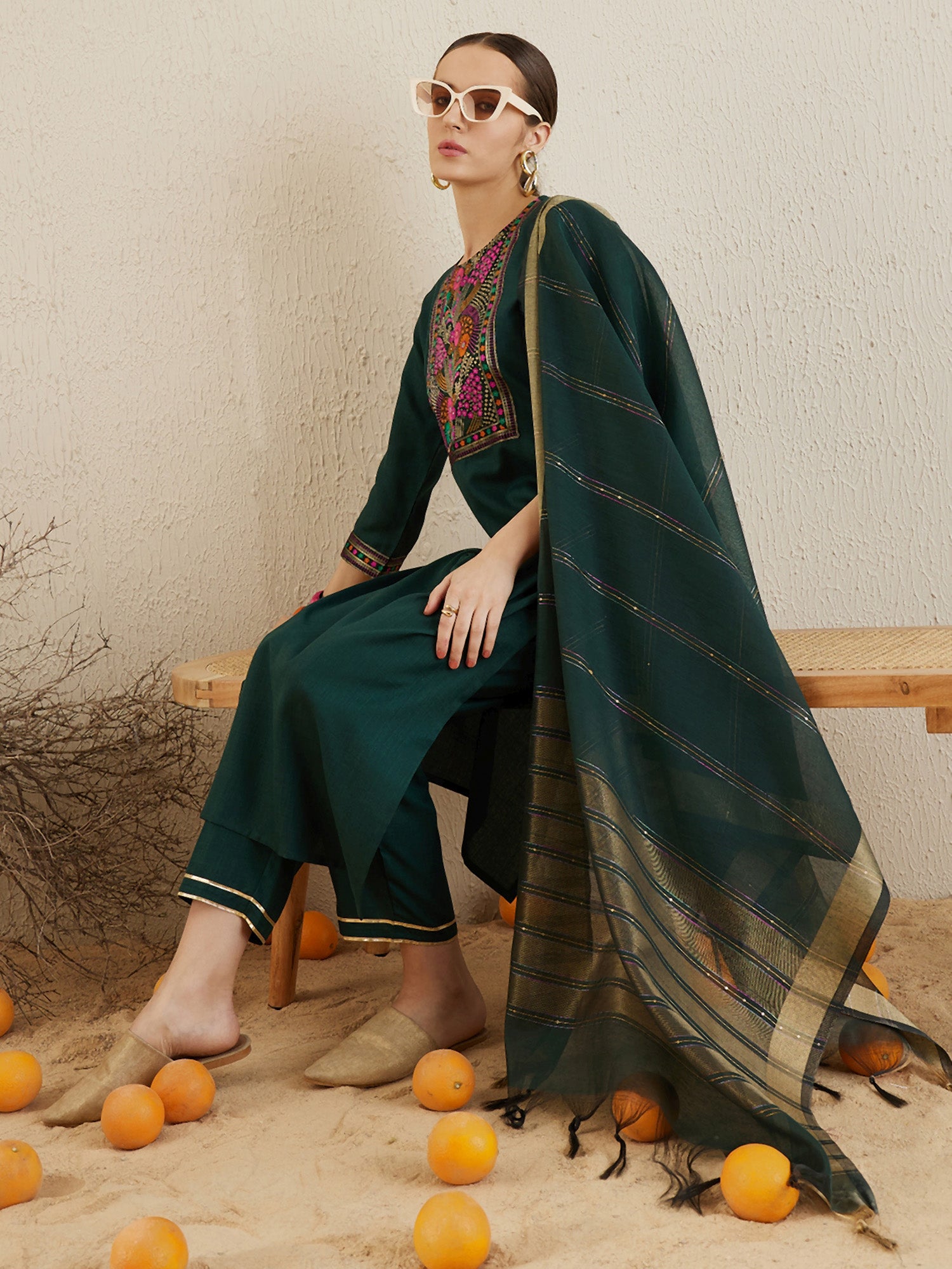 Women Green Yoke Design Straight Kurta Trousers With Dupatta set