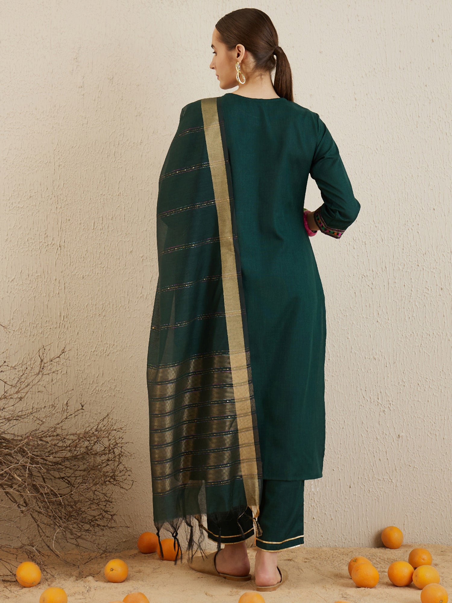 Women Green Yoke Design Straight Kurta Trousers With Dupatta set