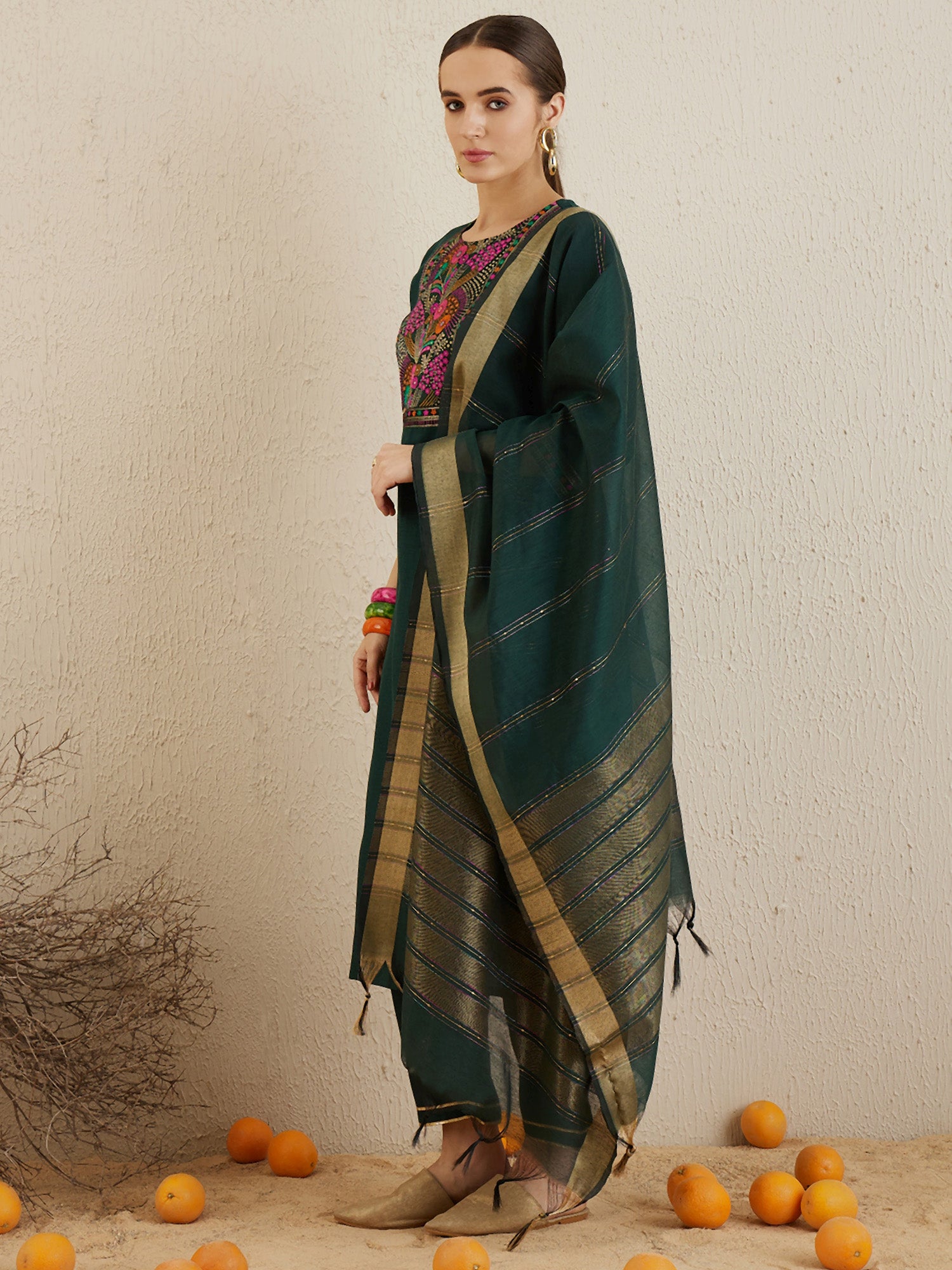 Women Green Yoke Design Straight Kurta Trousers With Dupatta set