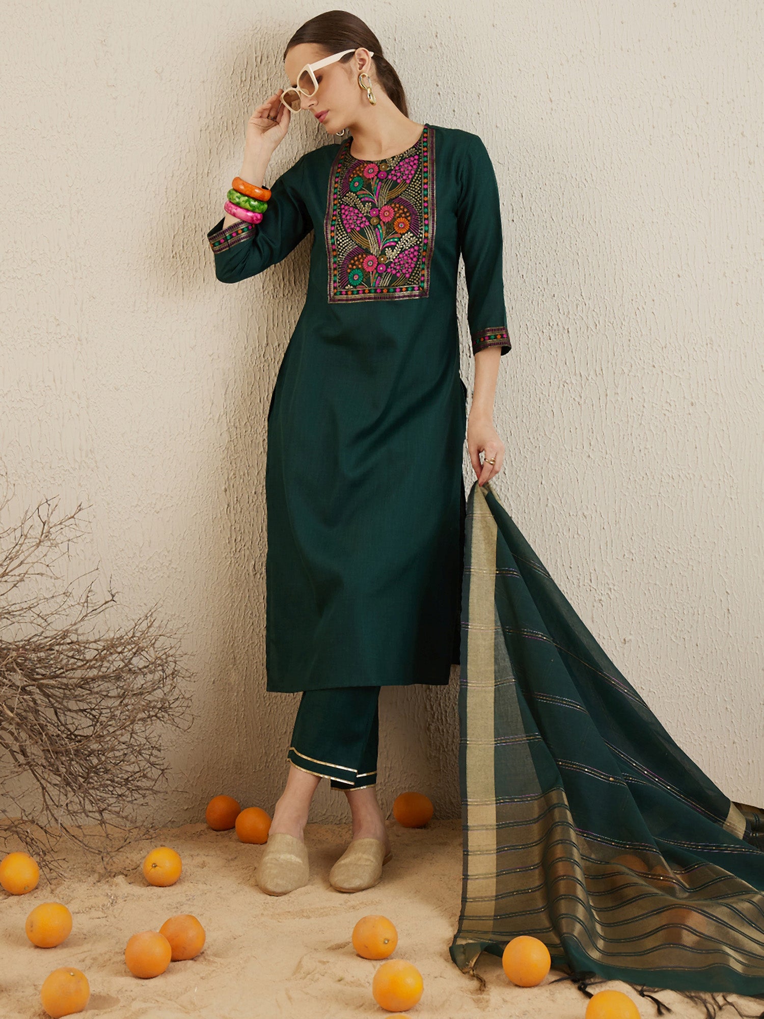 Women Green Yoke Design Straight Kurta Trousers With Dupatta set