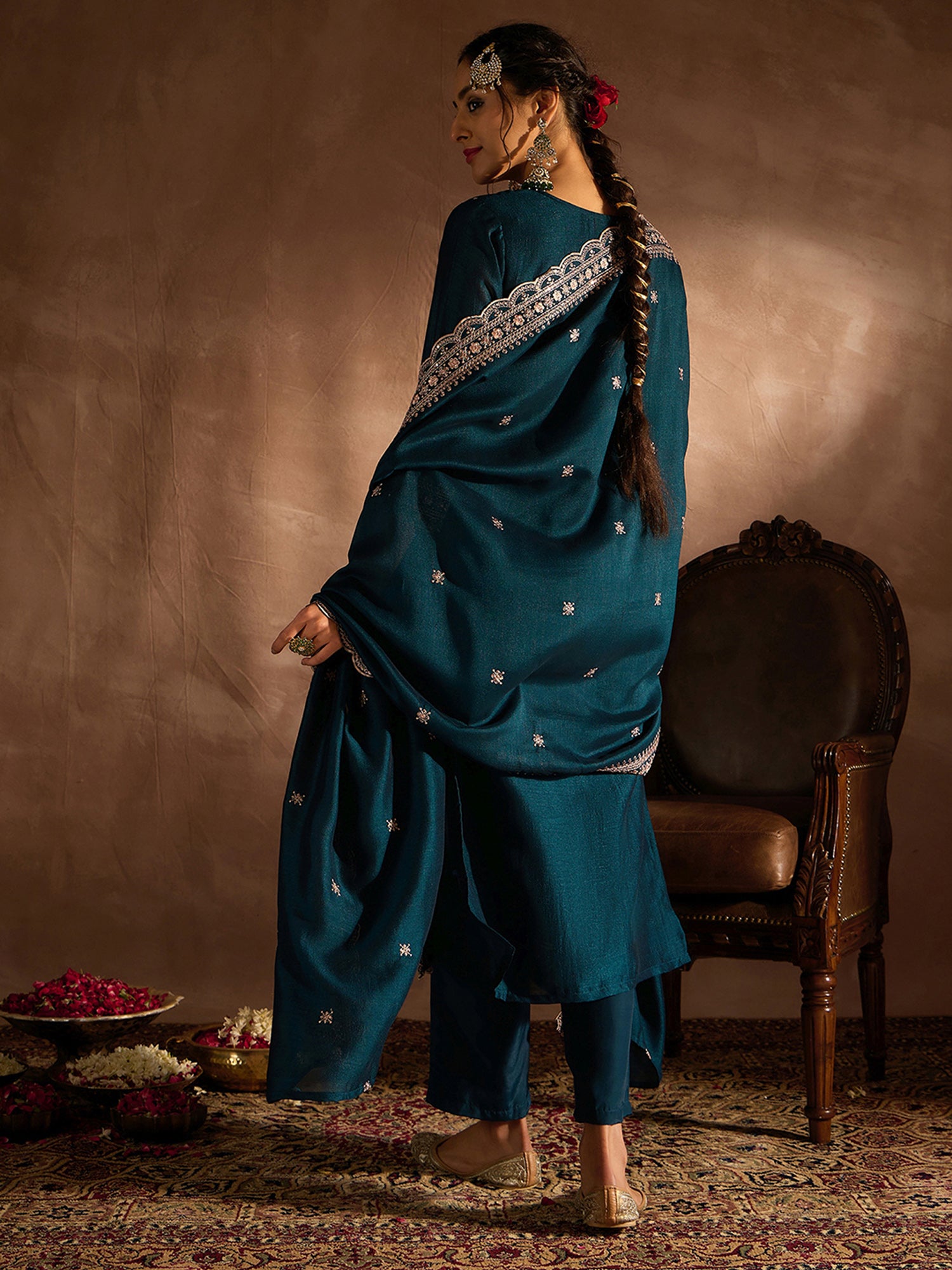 Women Teal Embroidered Straight Kurta Trousers With Dupatta set