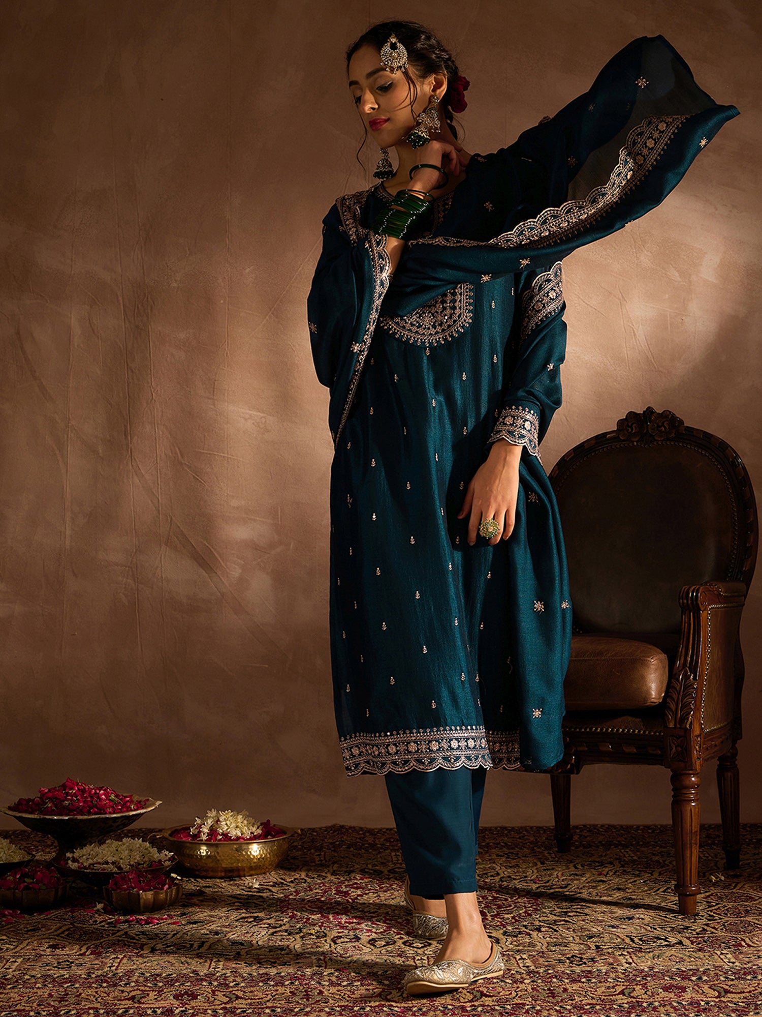 Women Teal Embroidered Straight Kurta Trousers With Dupatta set