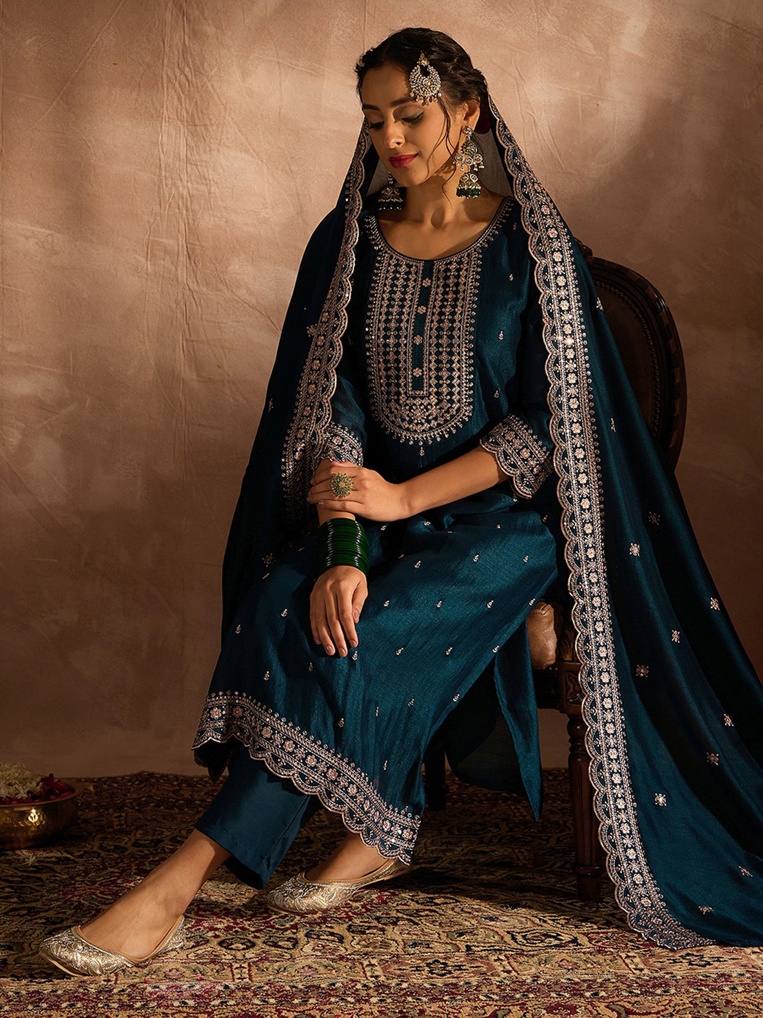 Women Teal Embroidered Straight Kurta Trousers With Dupatta set