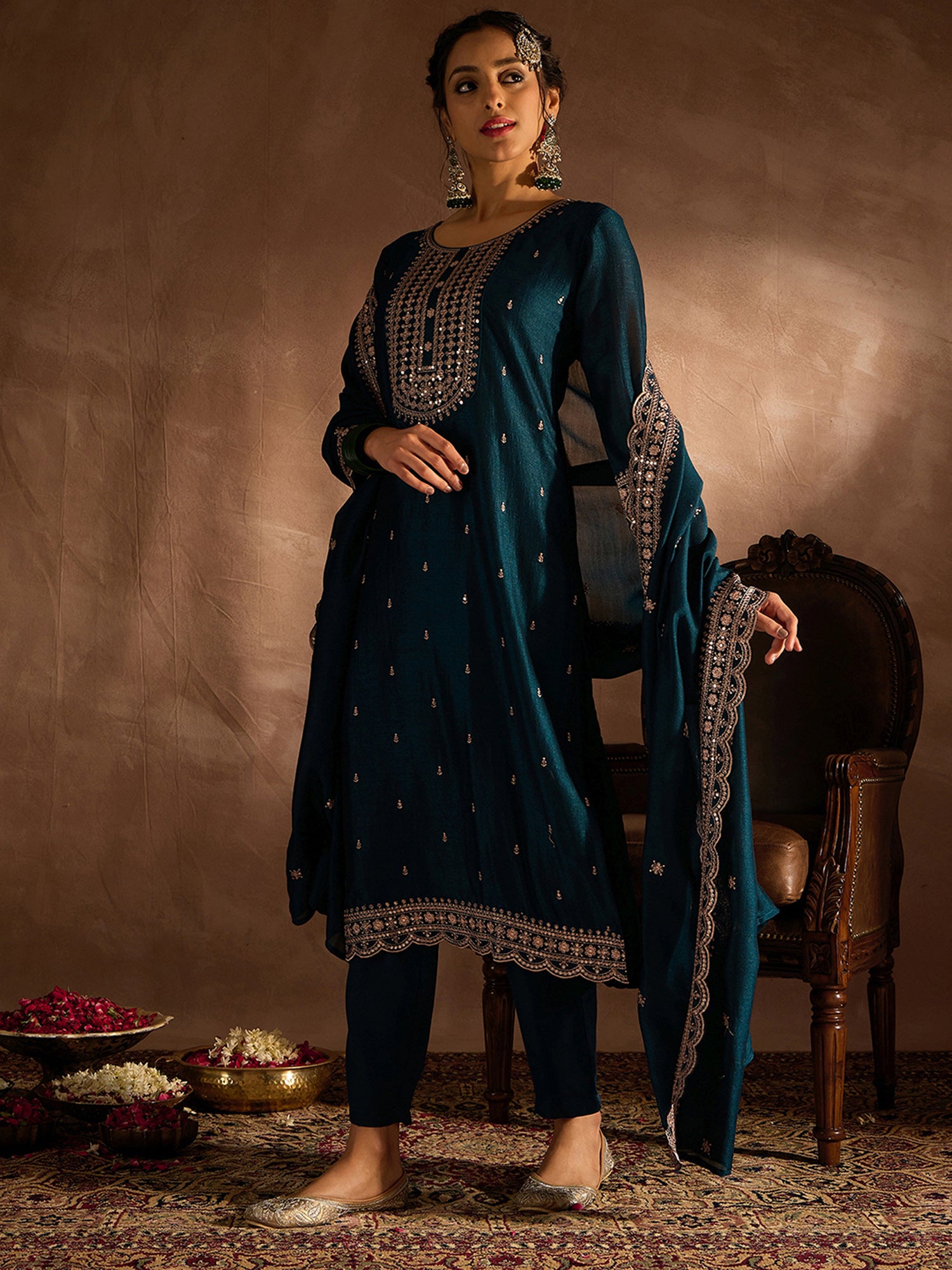 Women Teal Embroidered Straight Kurta Trousers With Dupatta set