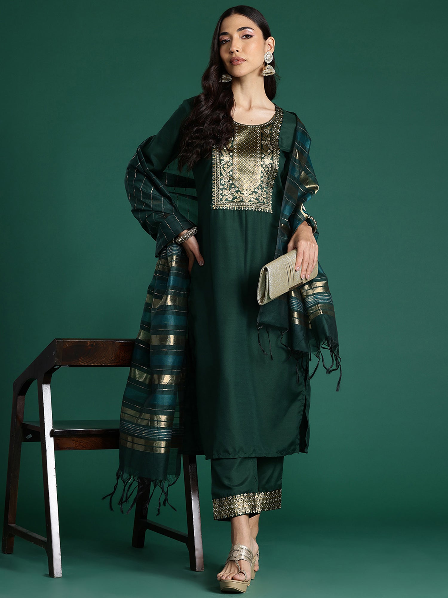 Women Green Yoke Design  Straight Kurta Trousers With Dupatta set