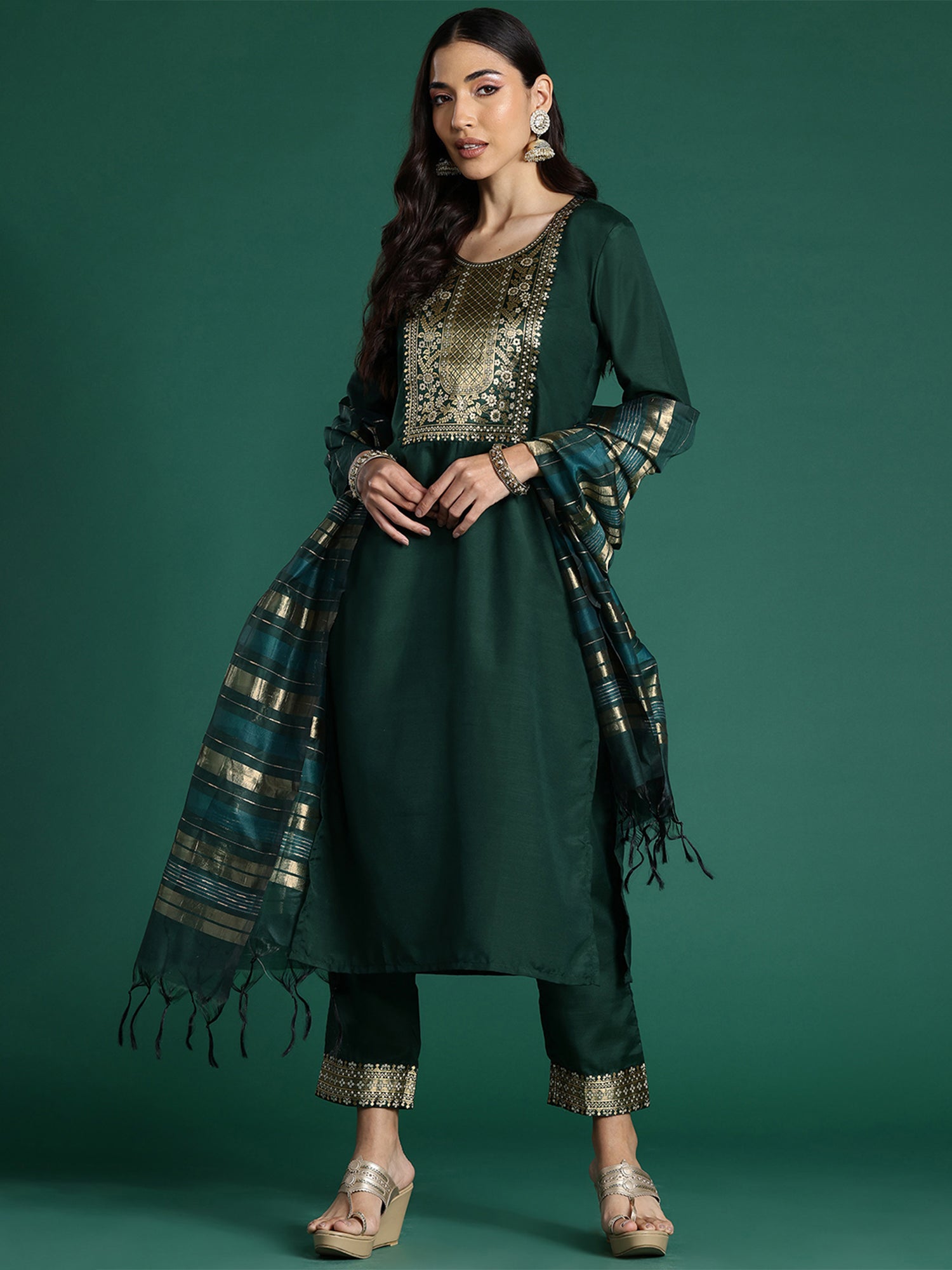 Women Green Yoke Design  Straight Kurta Trousers With Dupatta set