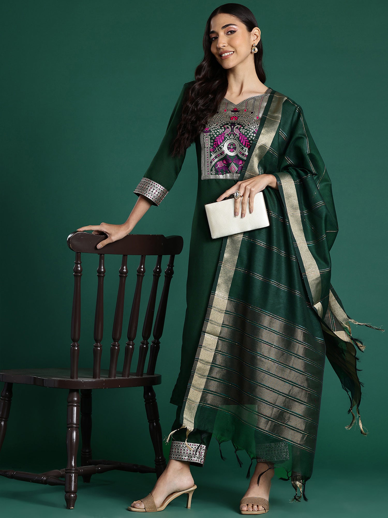 Women Green Yoke Design  Straight Kurta Trousers With Dupatta set