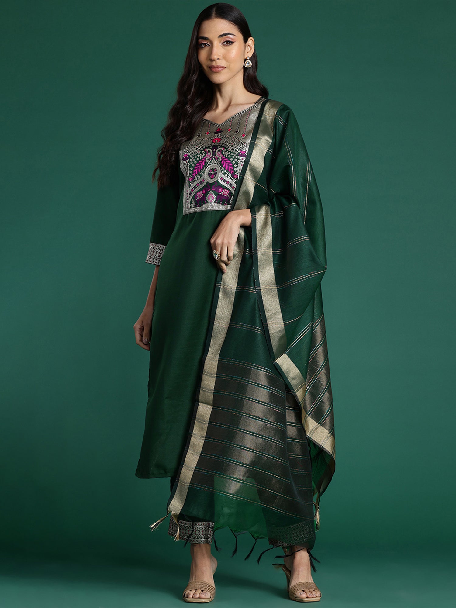 Women Green Yoke Design  Straight Kurta Trousers With Dupatta set