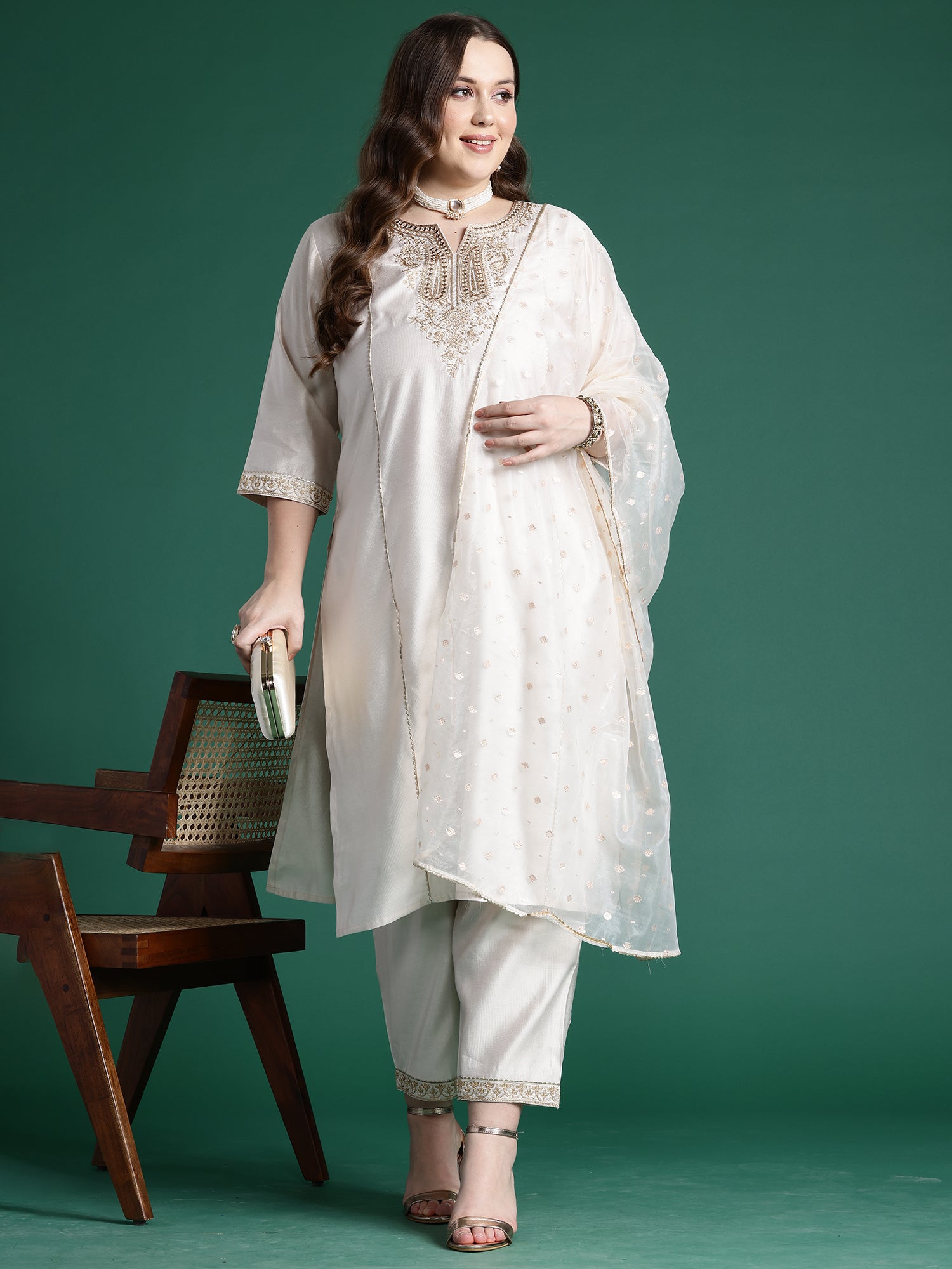 Women Off White Embroidered Straight Kurta Trousers With Dupatta set