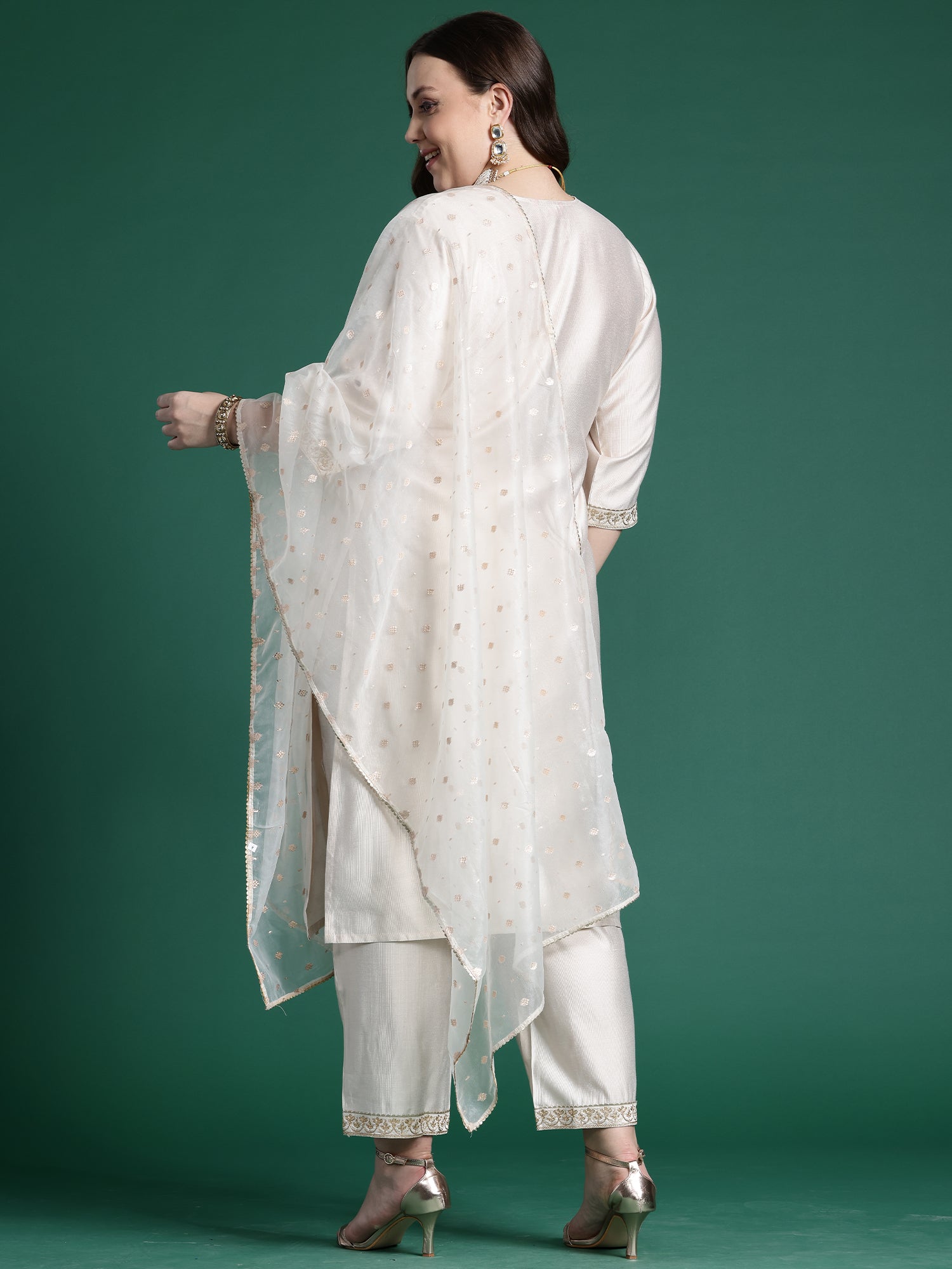 Women Off White Embroidered Straight Kurta Trousers With Dupatta set