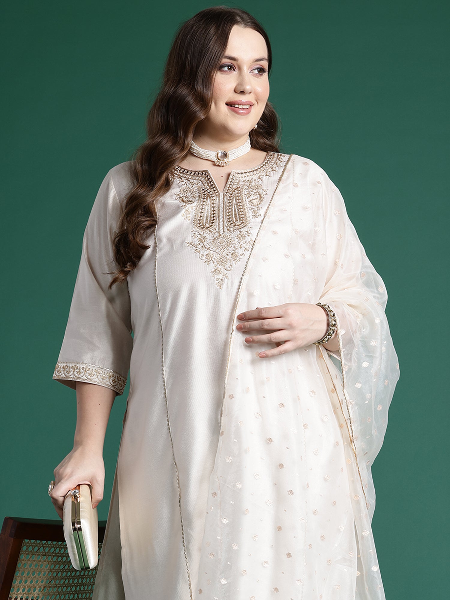 Women Off White Embroidered Straight Kurta Trousers With Dupatta set