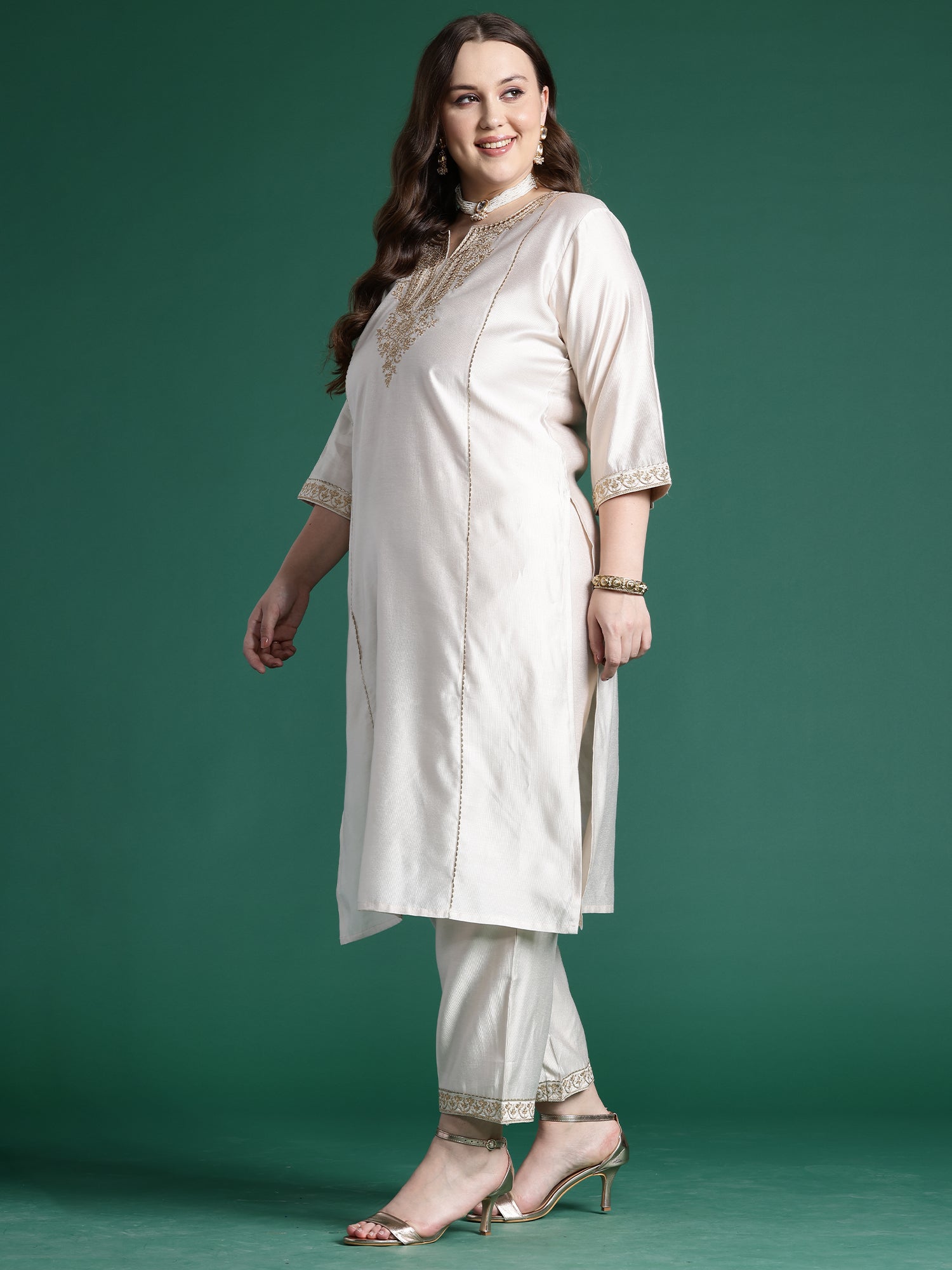 Women Off White Embroidered Straight Kurta Trousers With Dupatta set