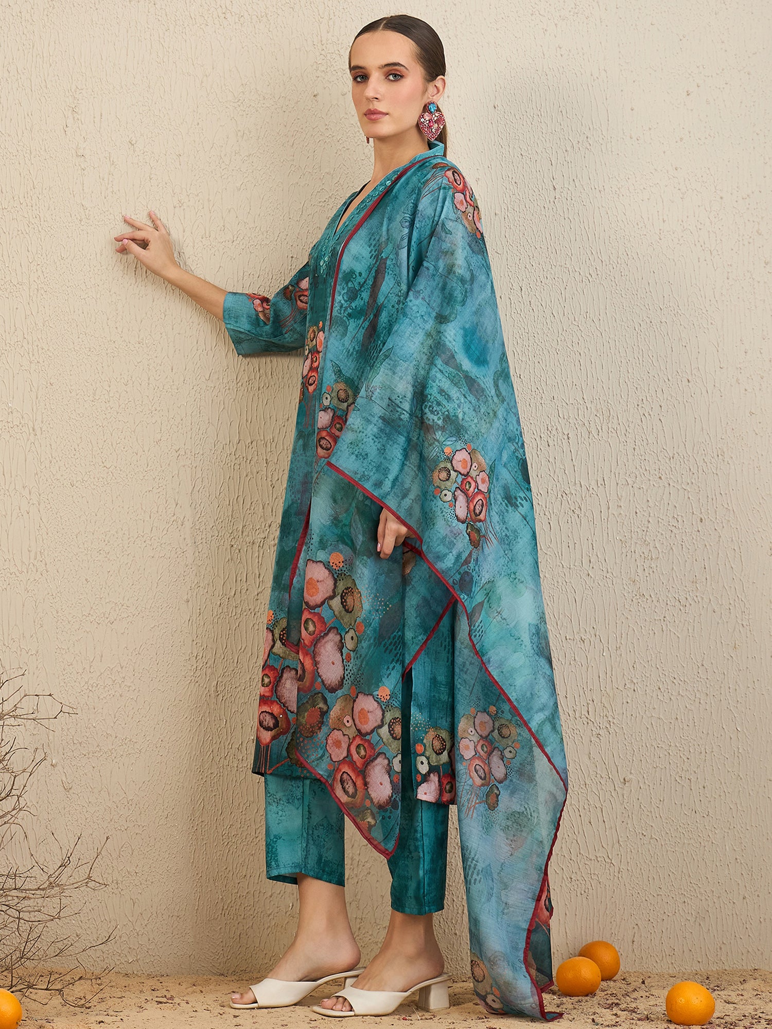 Women Green Printed Straight Kurta Trousers With Dupatta Set