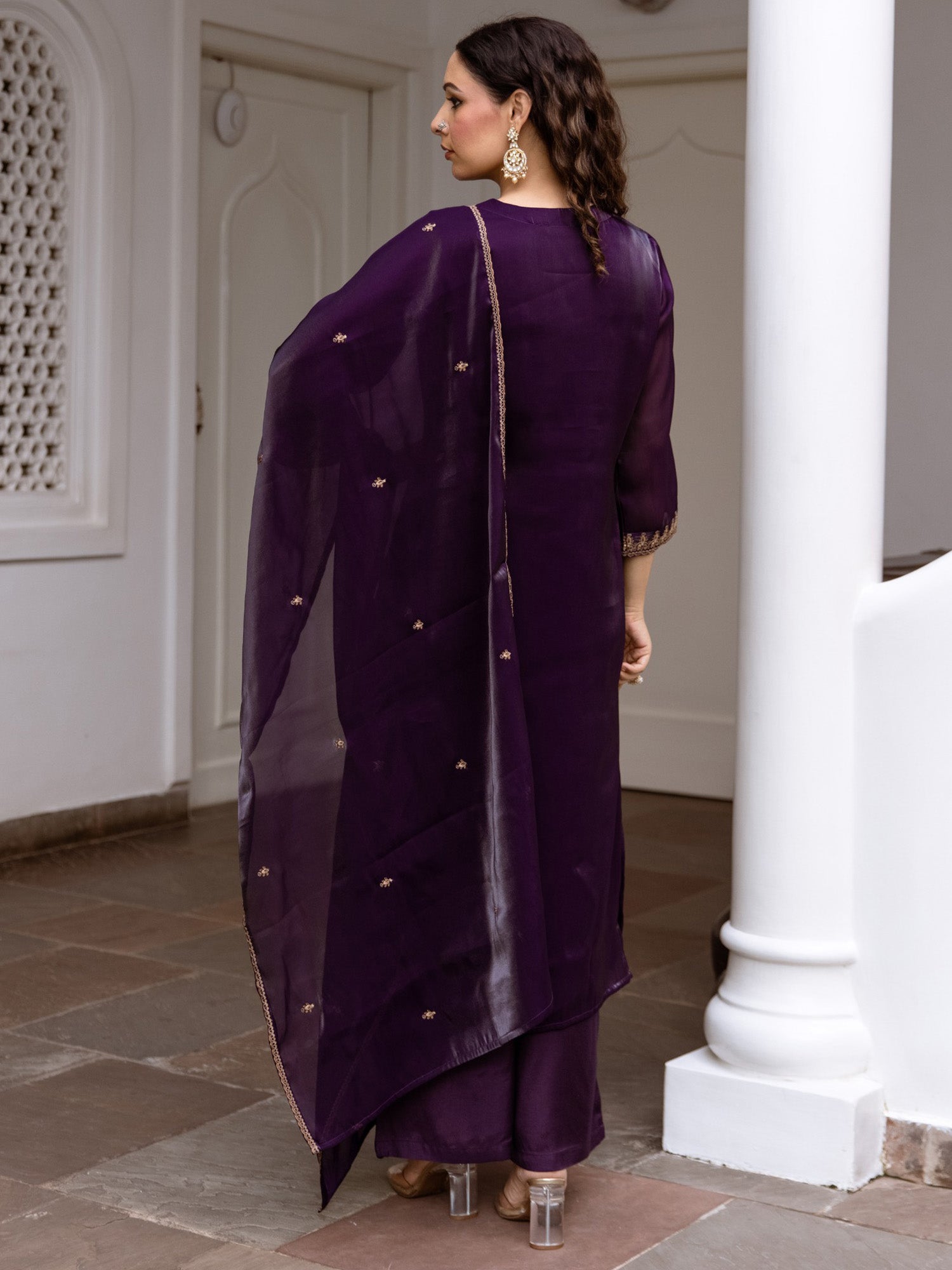 Women Purple Embroidered Straight Kurta Trousers With Dupatta Set