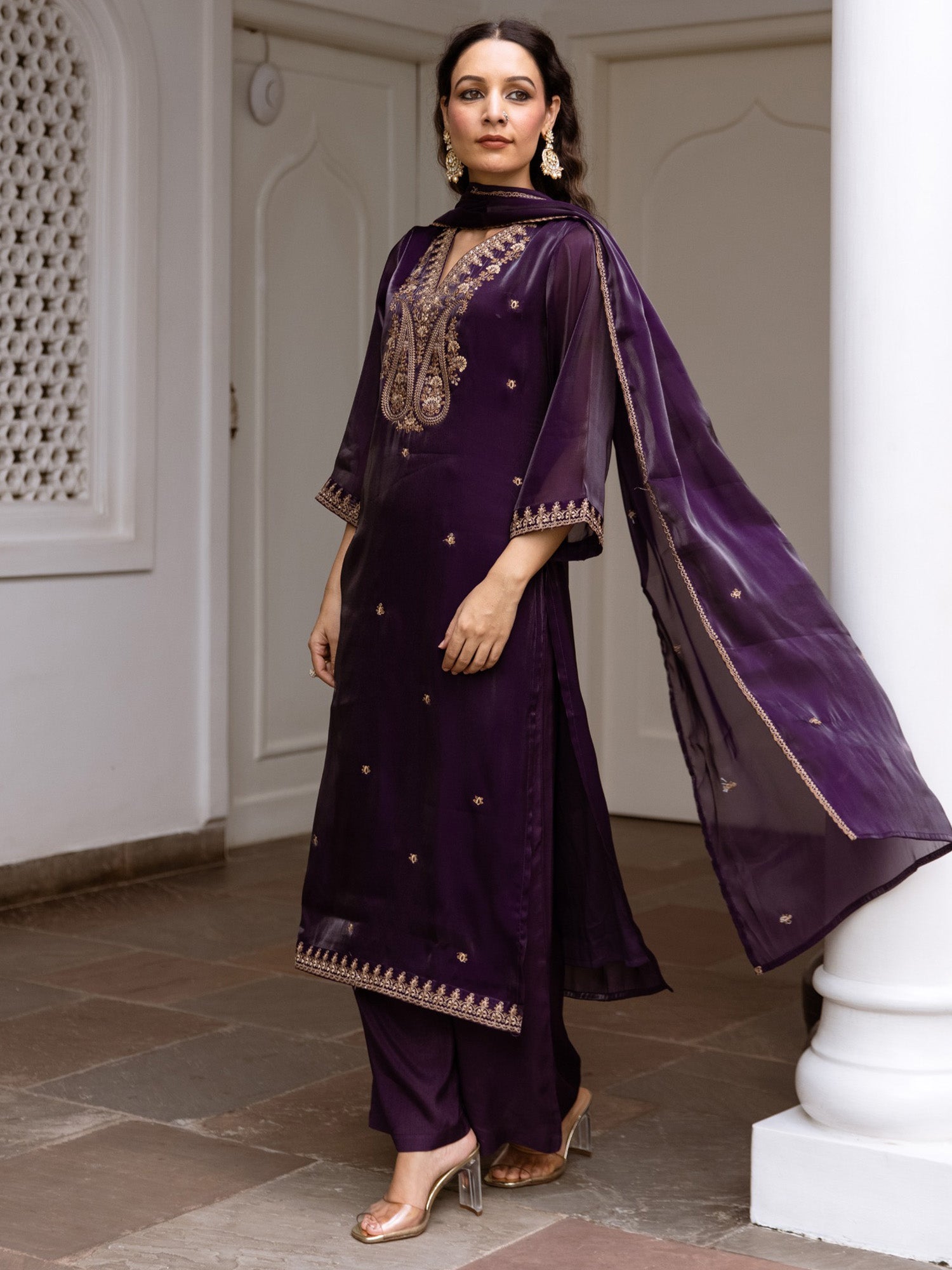 Women Purple Embroidered Straight Kurta Trousers With Dupatta Set