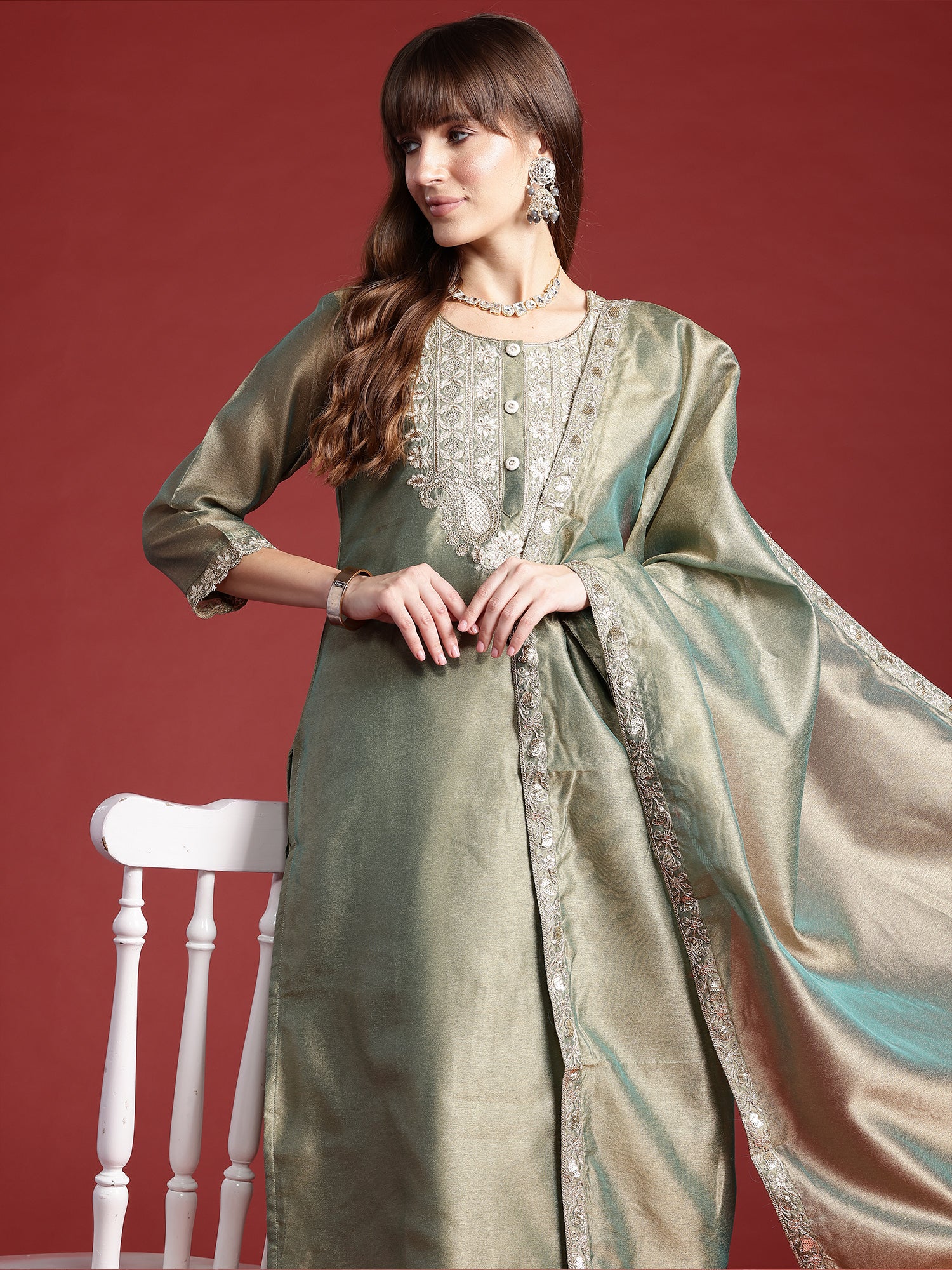 Women Green Embroidered Straight Kurta Trousers With Dupatta set