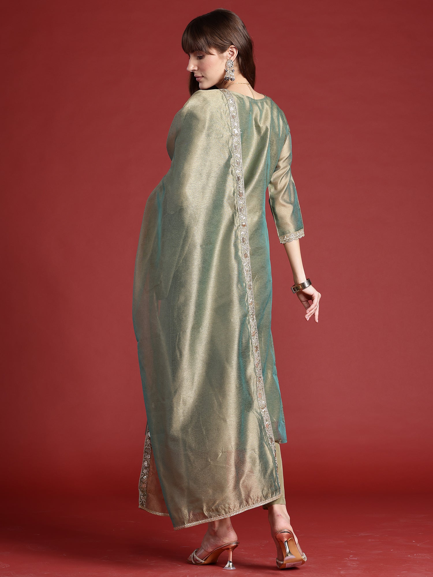 Women Green Embroidered Straight Kurta Trousers With Dupatta set