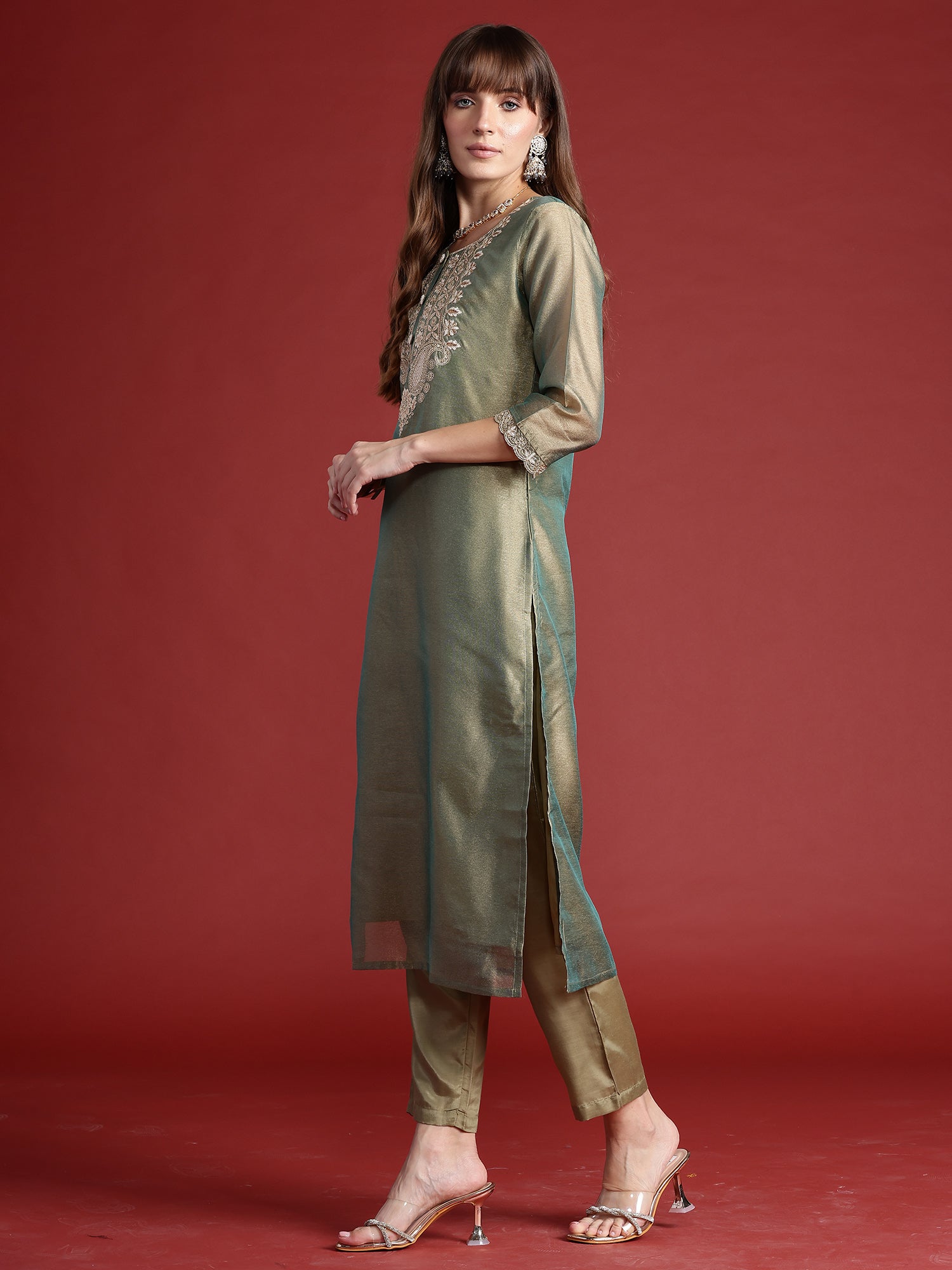 Women Green Embroidered Straight Kurta Trousers With Dupatta set