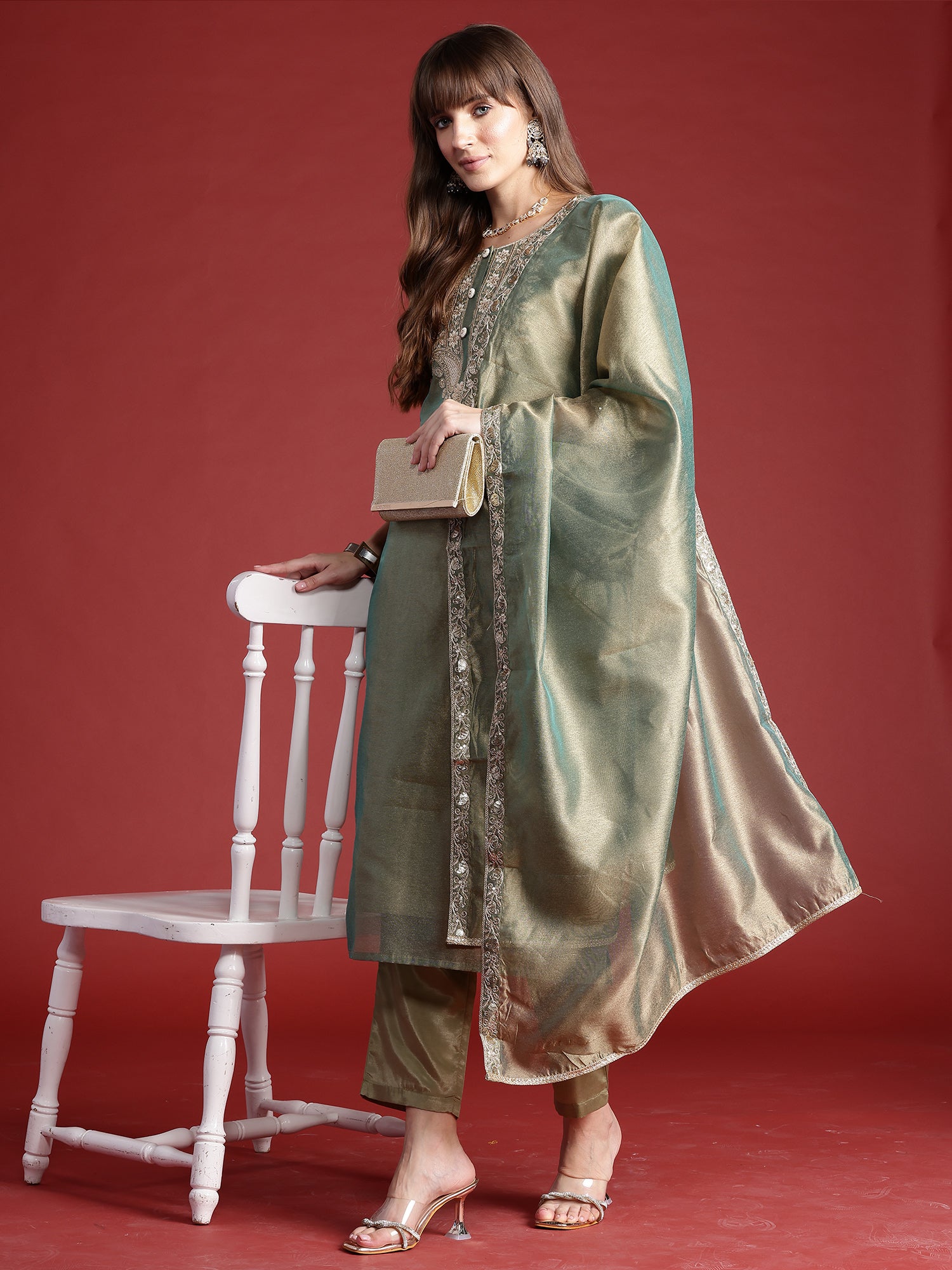 Women Green Embroidered Straight Kurta Trousers With Dupatta set