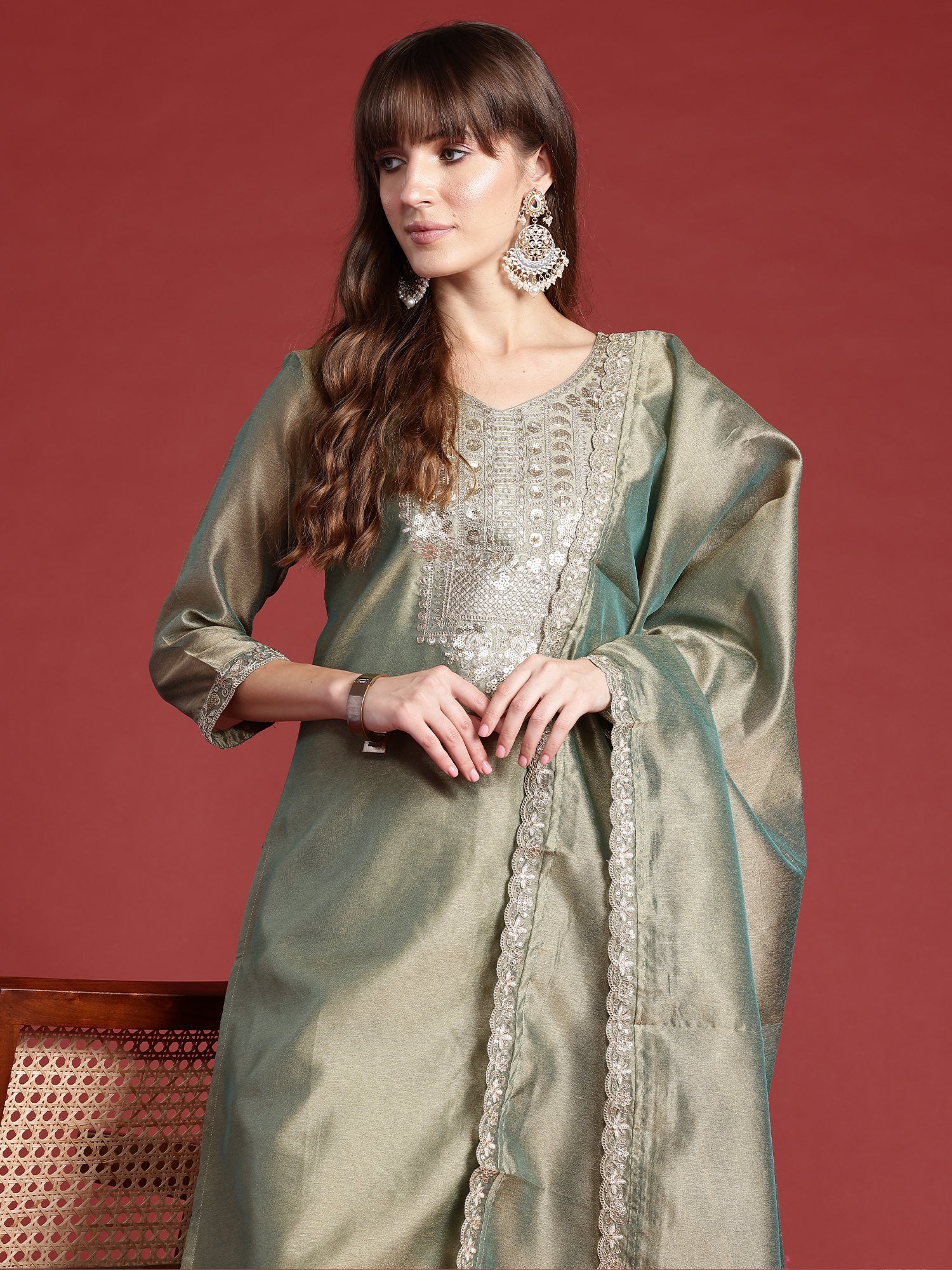 Women Green Embroidered Straight Kurta Trousers With Dupatta set