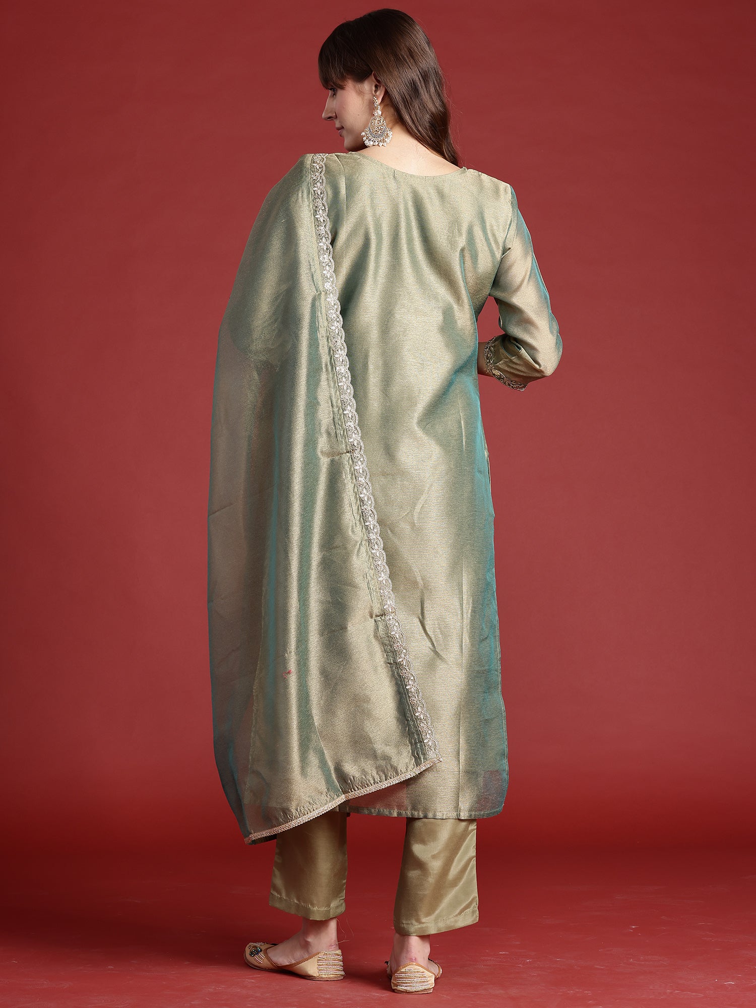 Women Green Embroidered Straight Kurta Trousers With Dupatta set