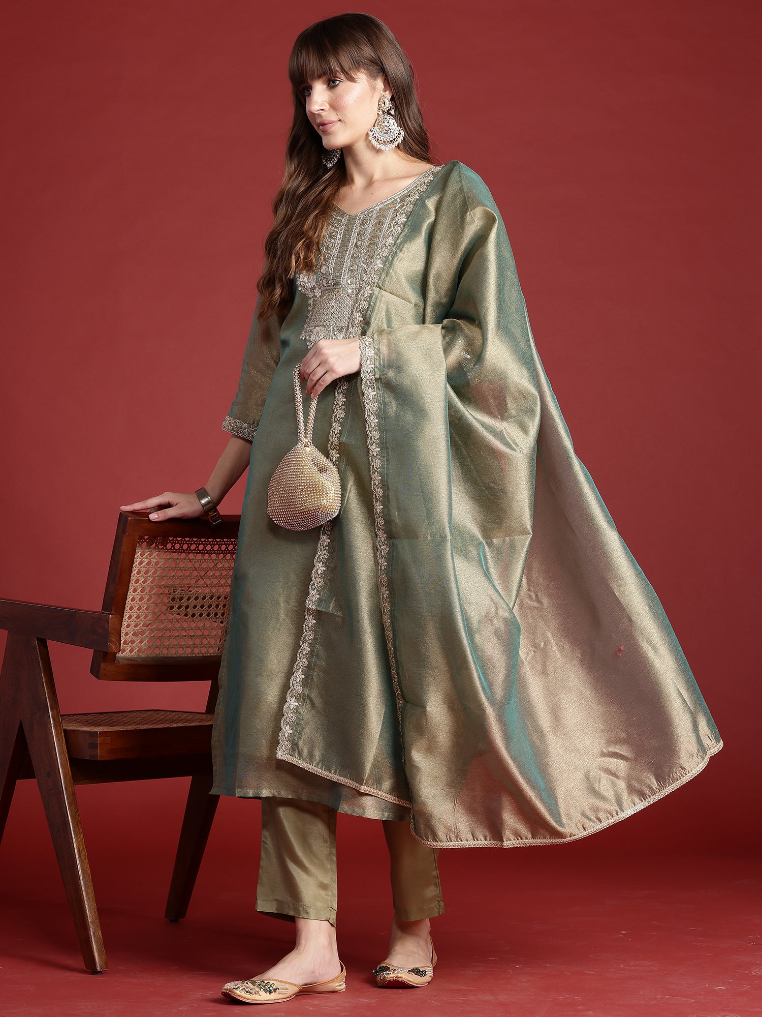 Women Green Embroidered Straight Kurta Trousers With Dupatta set