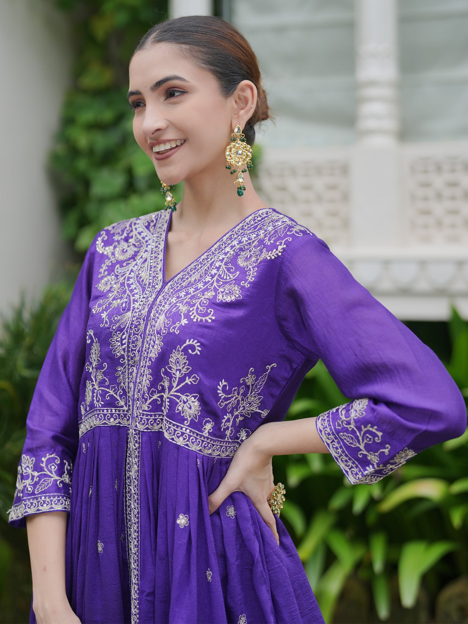 Women Purple Embroidered A-Line Kurta Trousers set